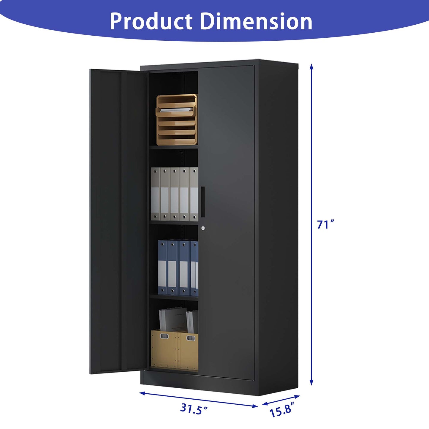 Black metal locker with open doors showcasing interior shelves binders and storage boxes