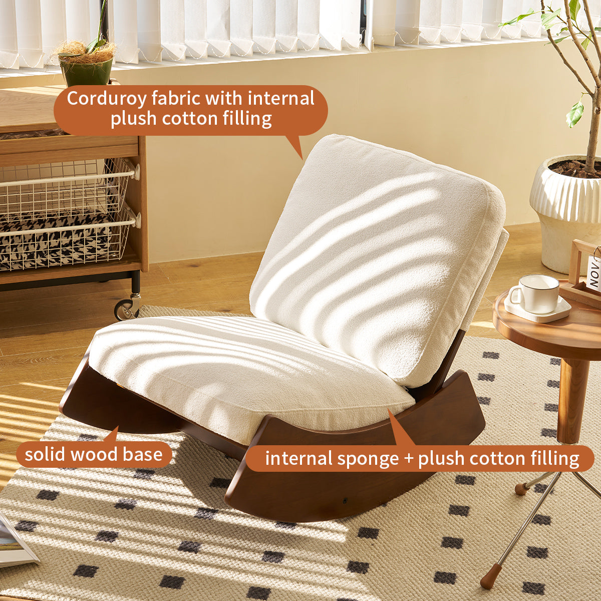 Cream corduroy accent chair with plush cotton filling and solid wood base