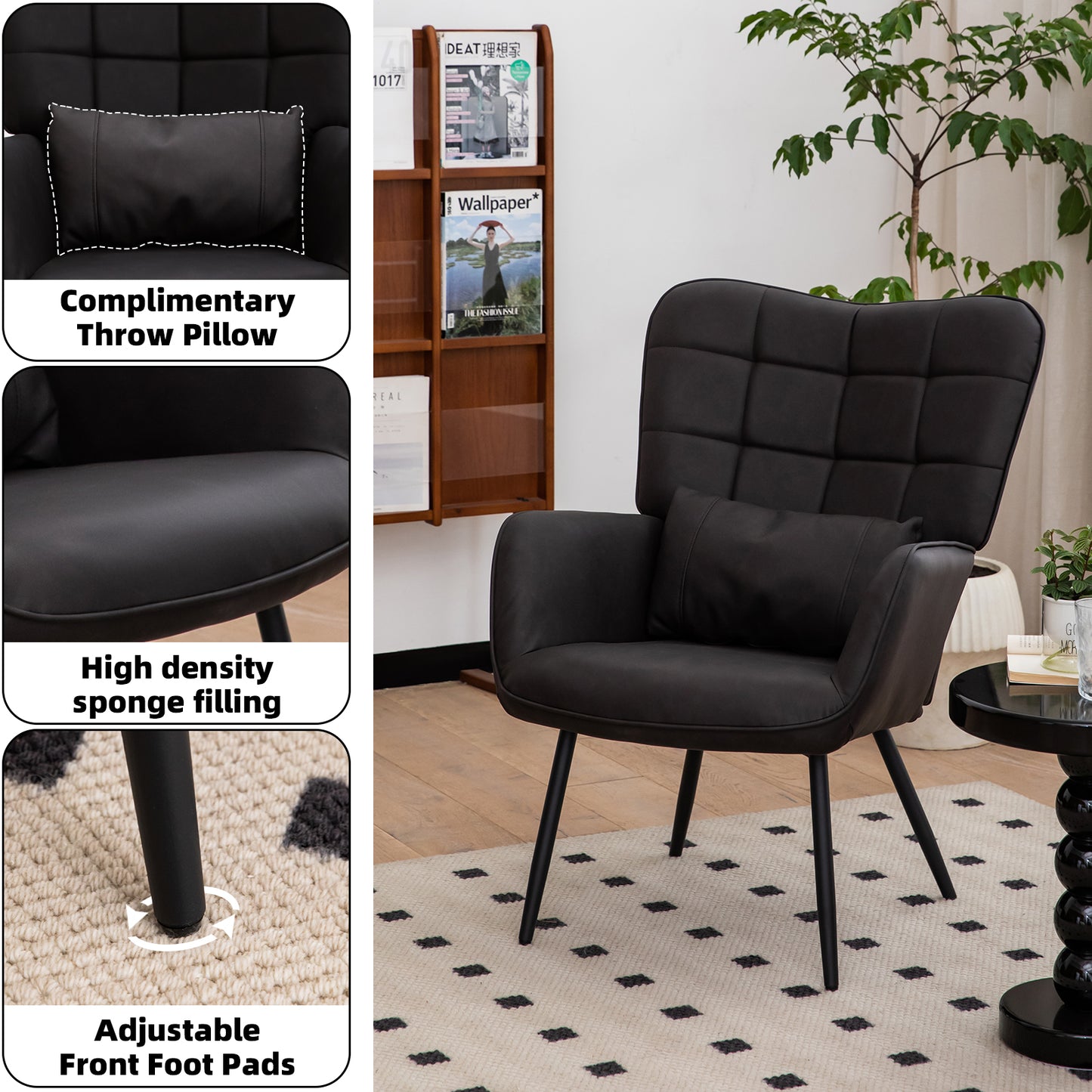 Black leather armchair with quilted back and included throw pillow