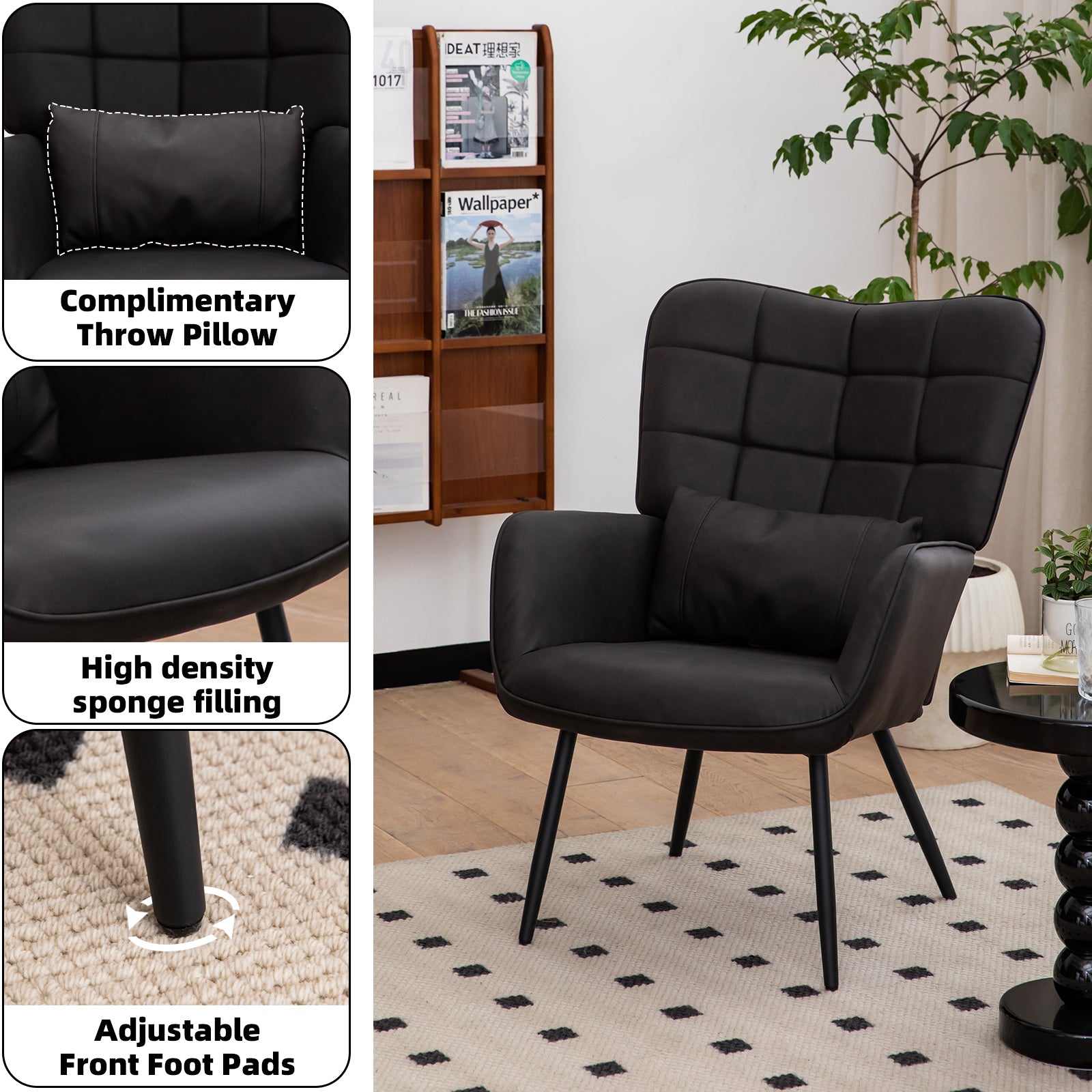 Black leather armchair with quilted back and included throw pillow
