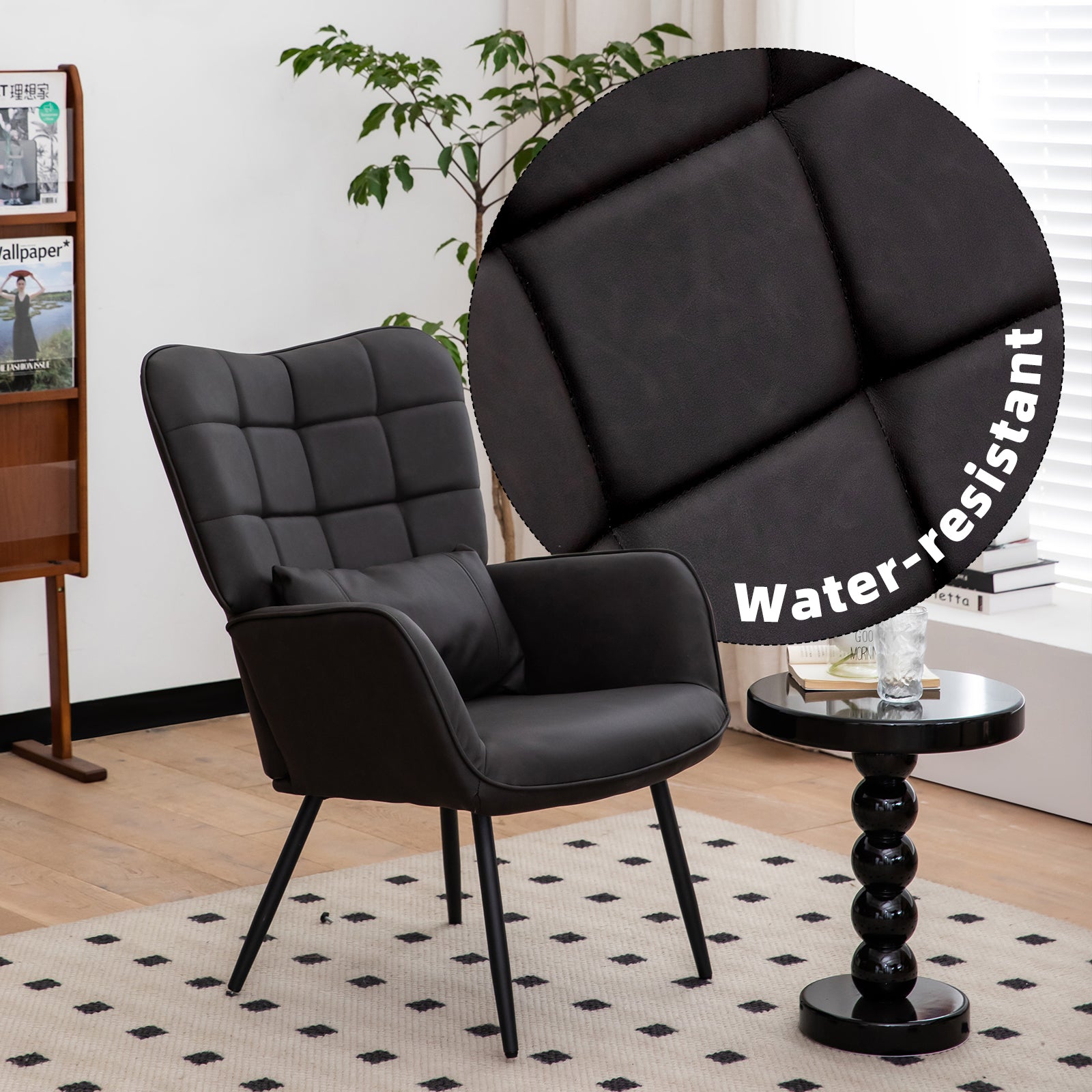 Black tufted armchair with waterresistant faux leather perfect for modern living rooms