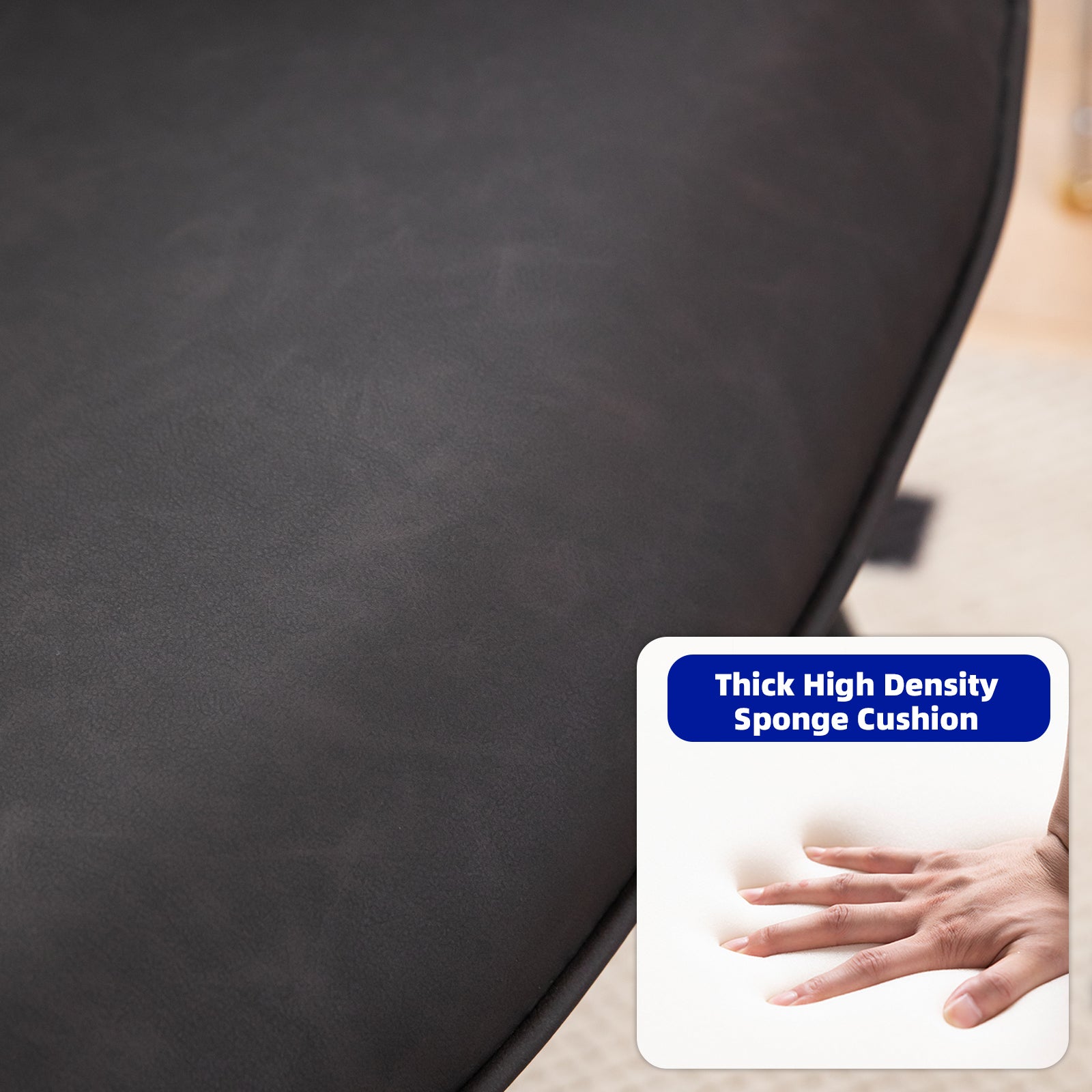 Closeup of a black highdensity sponge cushion being pressed by a hand emphasizing plush comfort