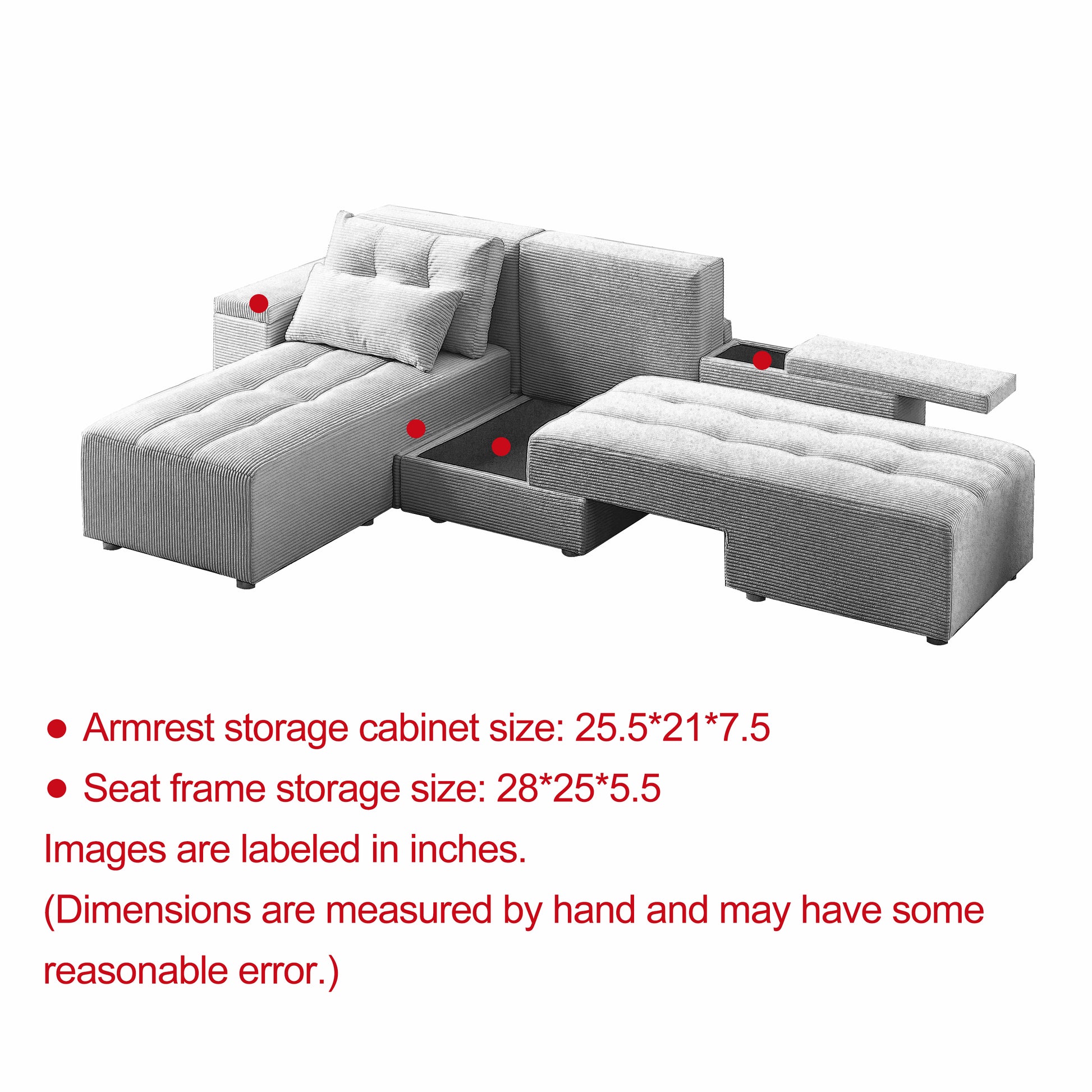 Light gray corduroy sectional sofa with hidden storage compartments