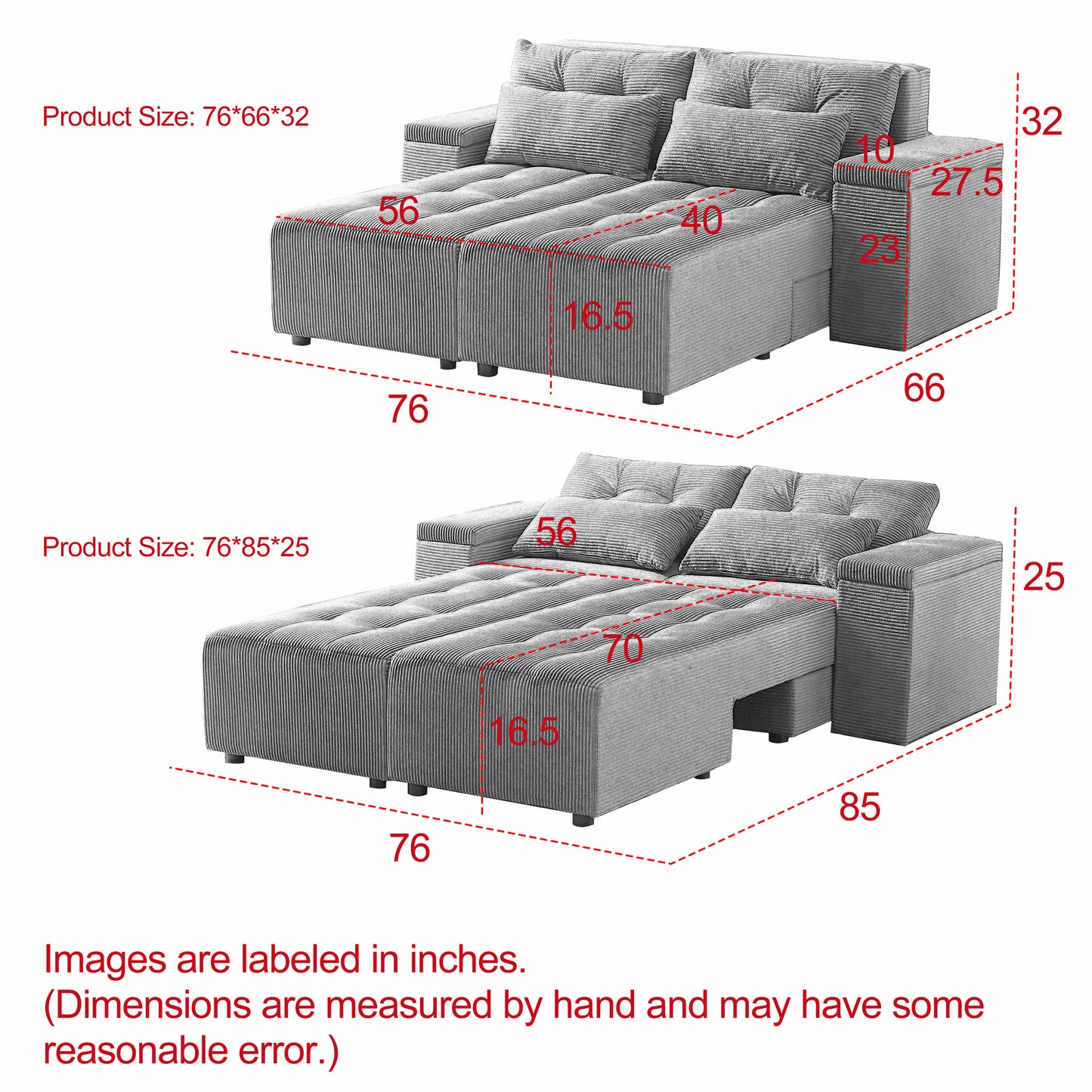 Gray corduroy sectional sofa with tufted cushions W x D x H