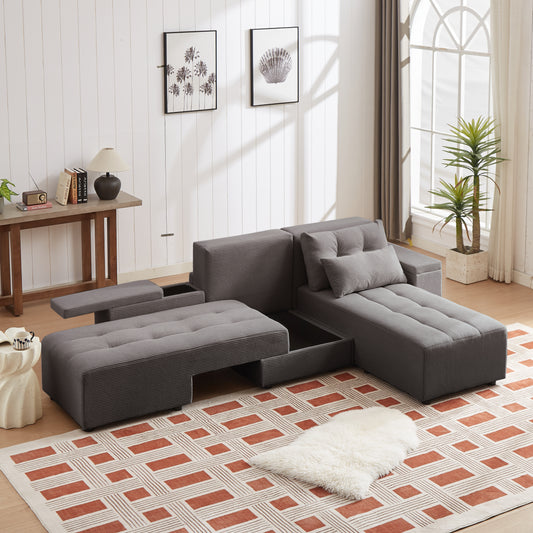Corduroy sectional sofa in dark grey with storage chaise and ottoman modern living room furniture