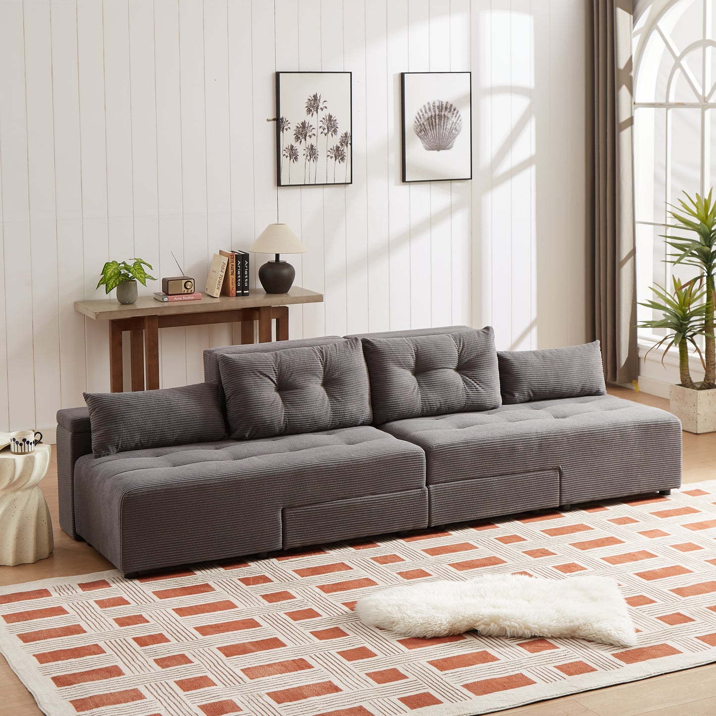 Tufted corduroy sectional sofa in charcoal grey perfect for modern living rooms