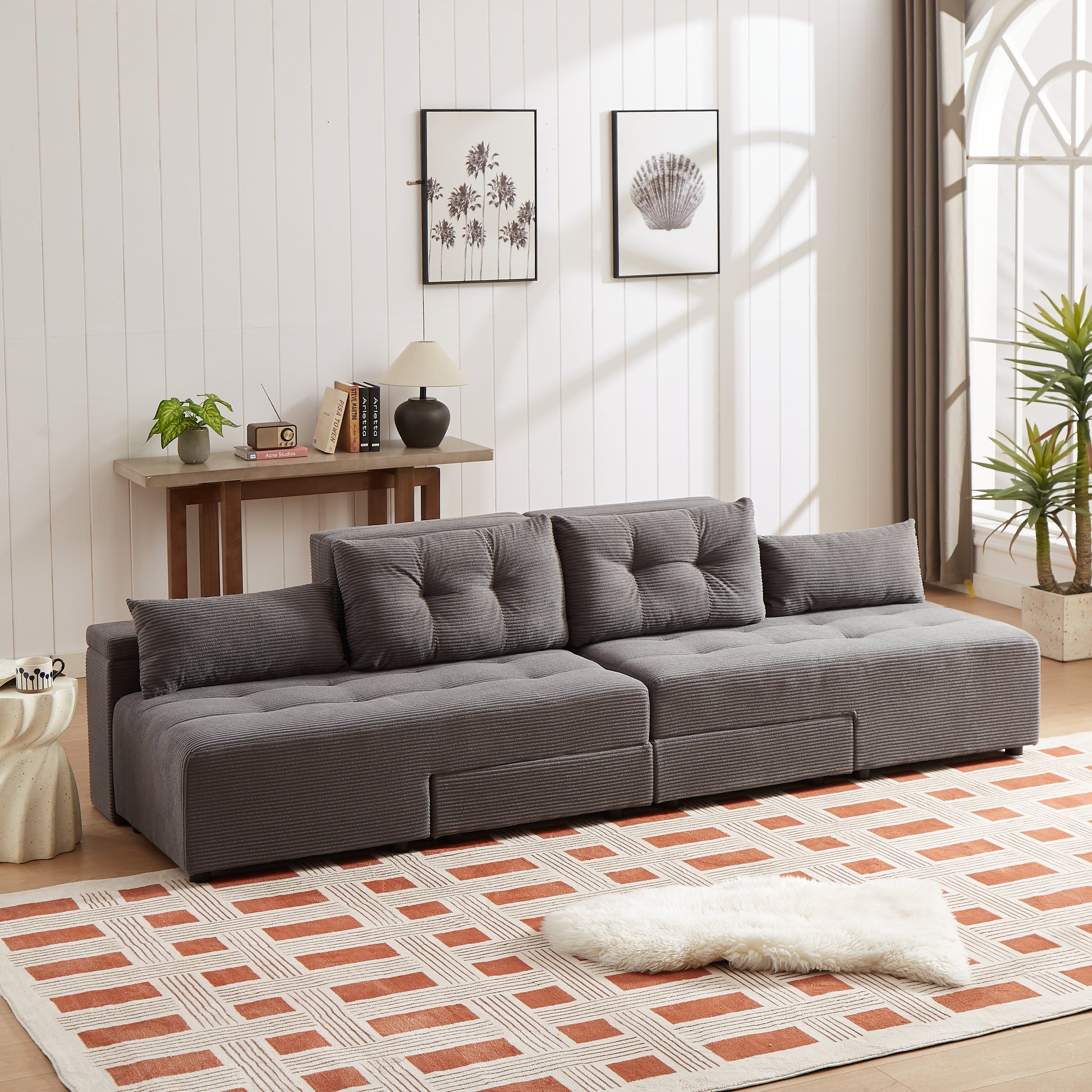 Tufted corduroy sectional sofa in charcoal grey perfect for modern living rooms