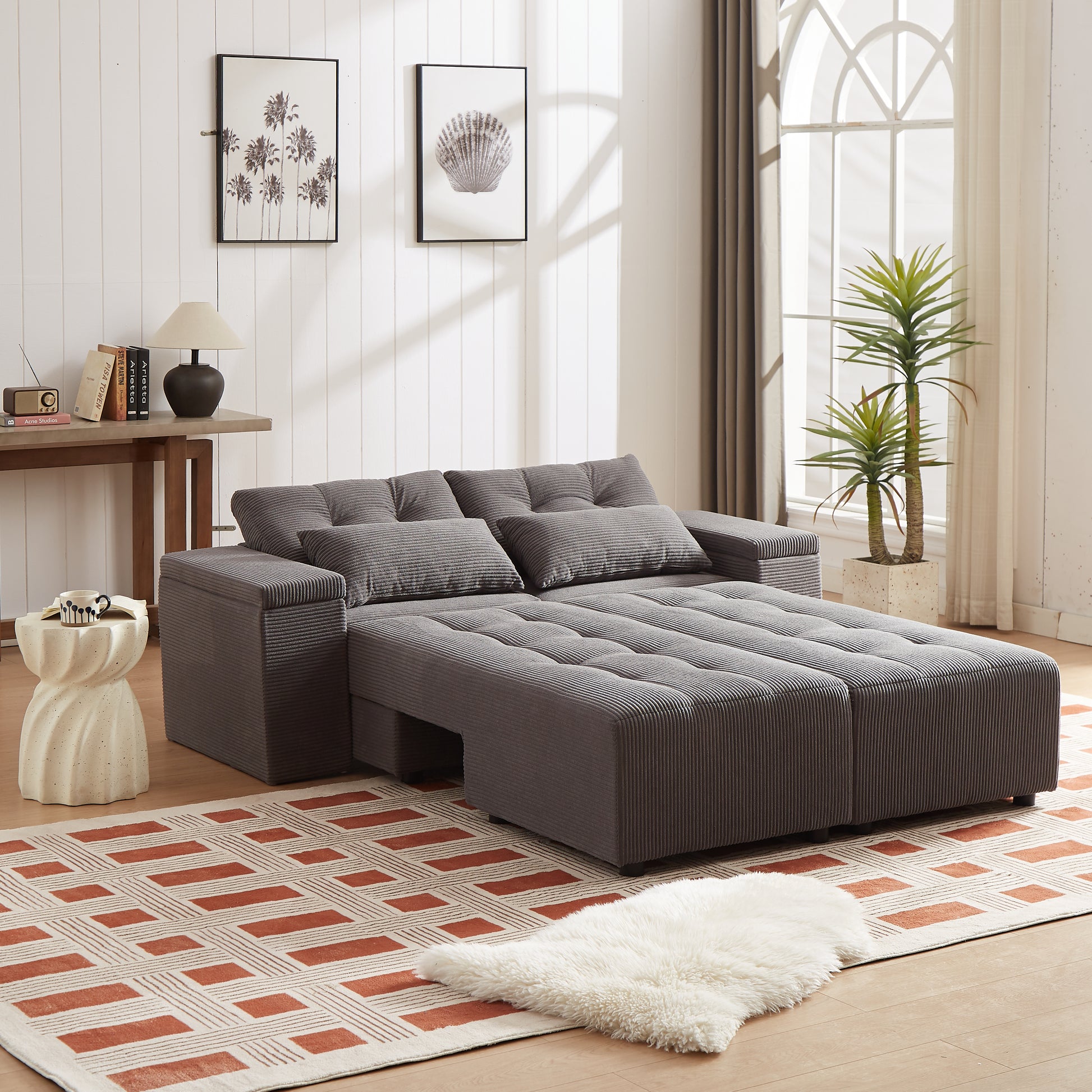 Tufted grey corduroy sofa bed with modern design perfect for small living spaces