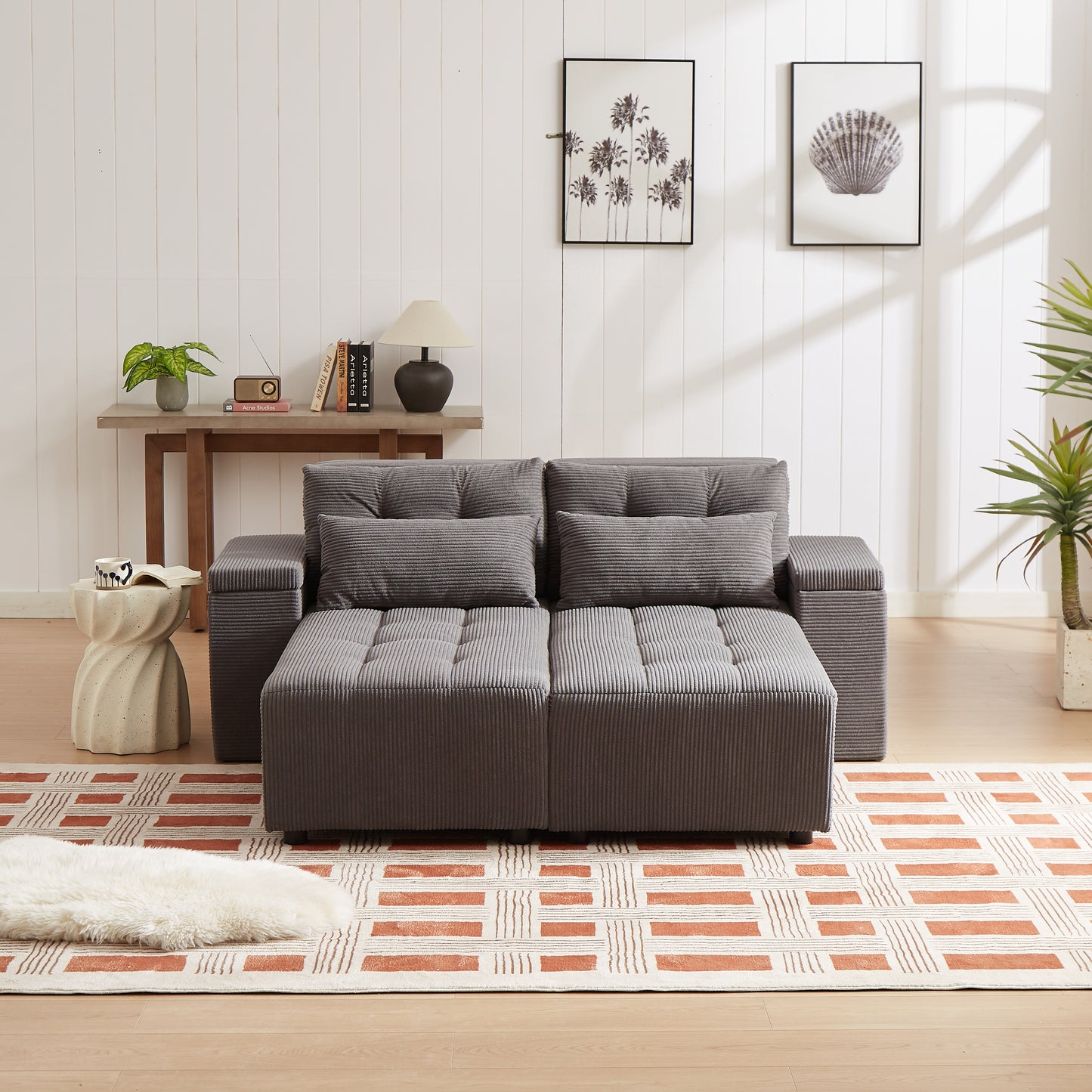 Gray corduroy modular sofa with tufted cushions and a chaise lounge for modern living rooms