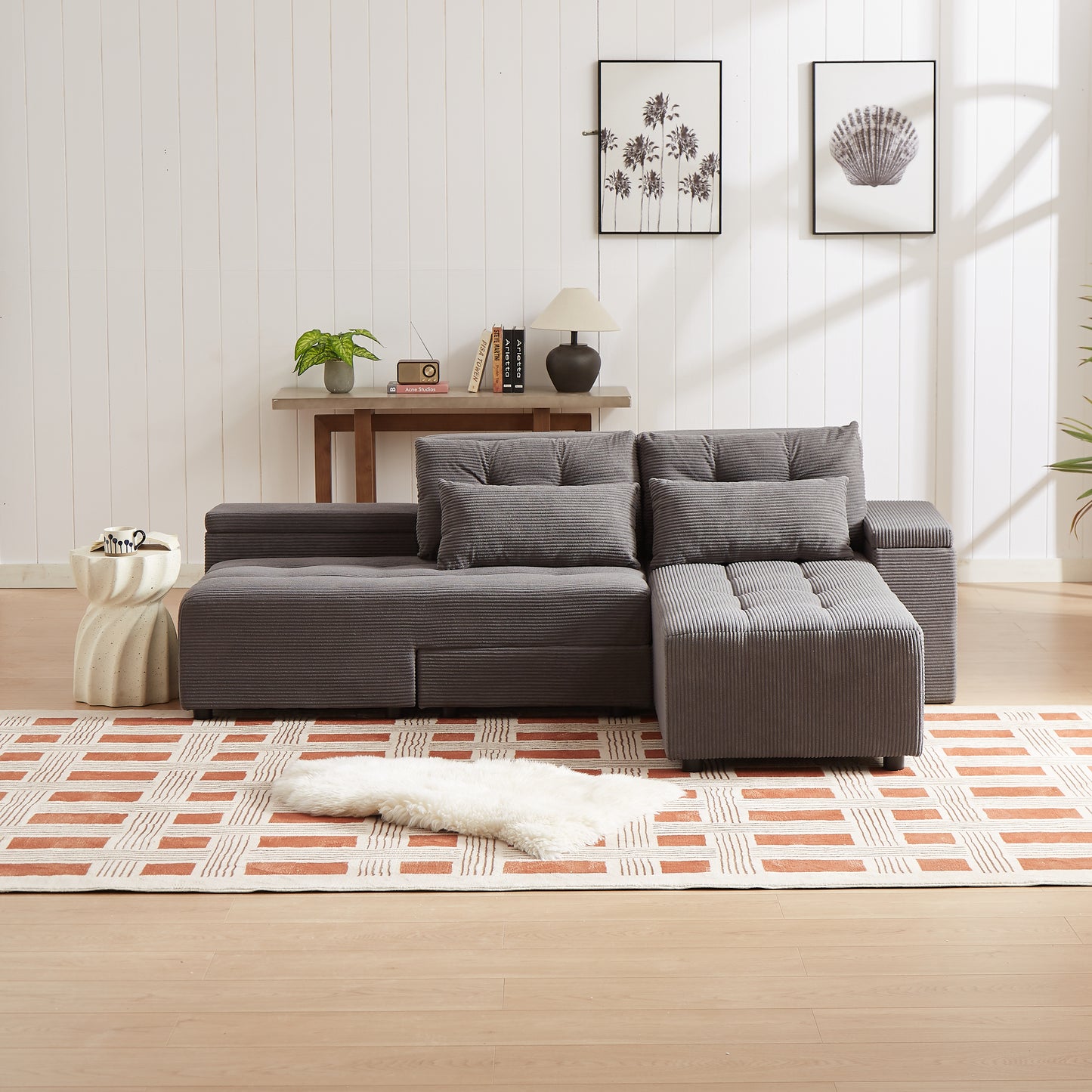 Dark grey corduroy sectional sofa with tufted cushions ideal for modern living rooms