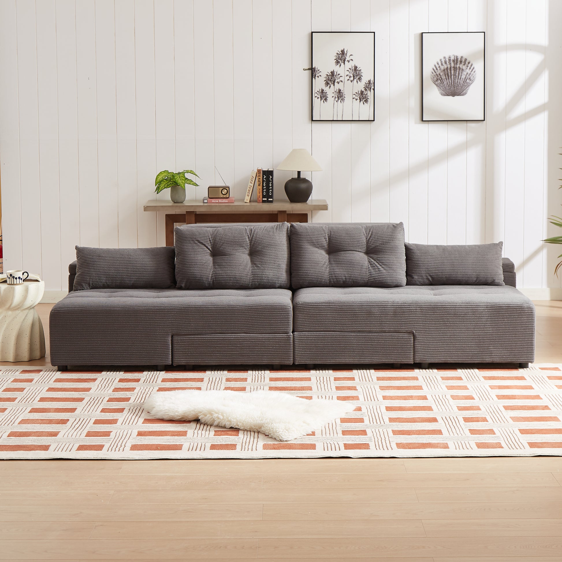 Dark gray corduroy sectional sofa with plush cushions and storage compartments