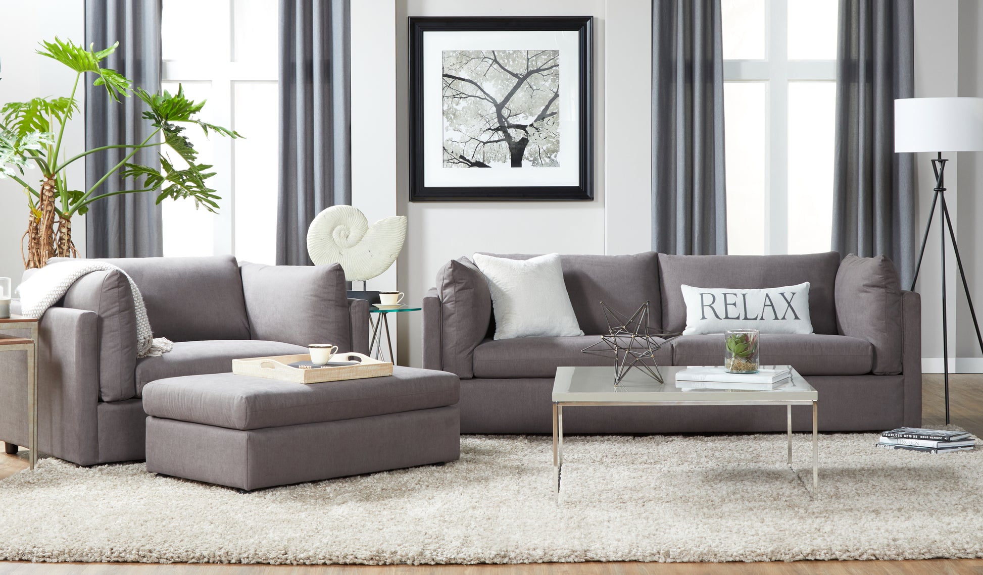Gray sectional sofa with chaise and ottoman soft fabric upholstery modern living room furniture
