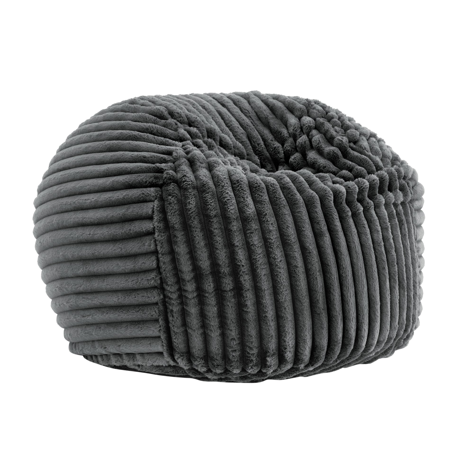 Plush grey corduroy bean bag chair for relaxed seating