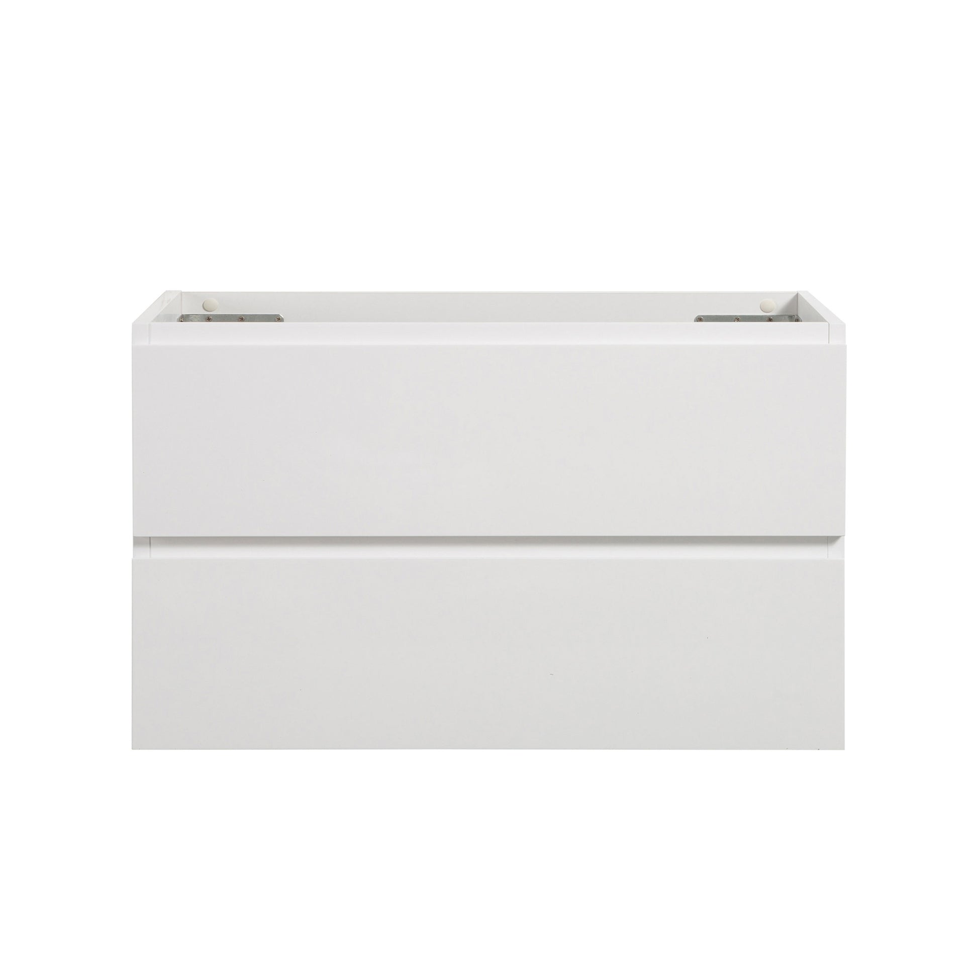 Modern white bathroom vanity cabinet with two drawers and clean lines