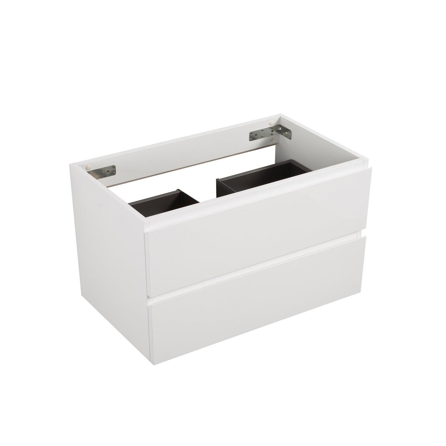 White modern vanity cabinet with two drawers and dark interior compartments