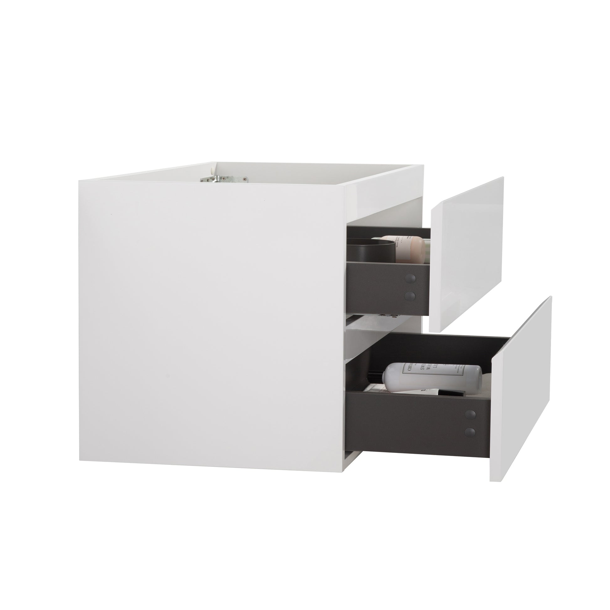 White highgloss twodrawer vanity cabinet with dark grey interiors for bathroom storage