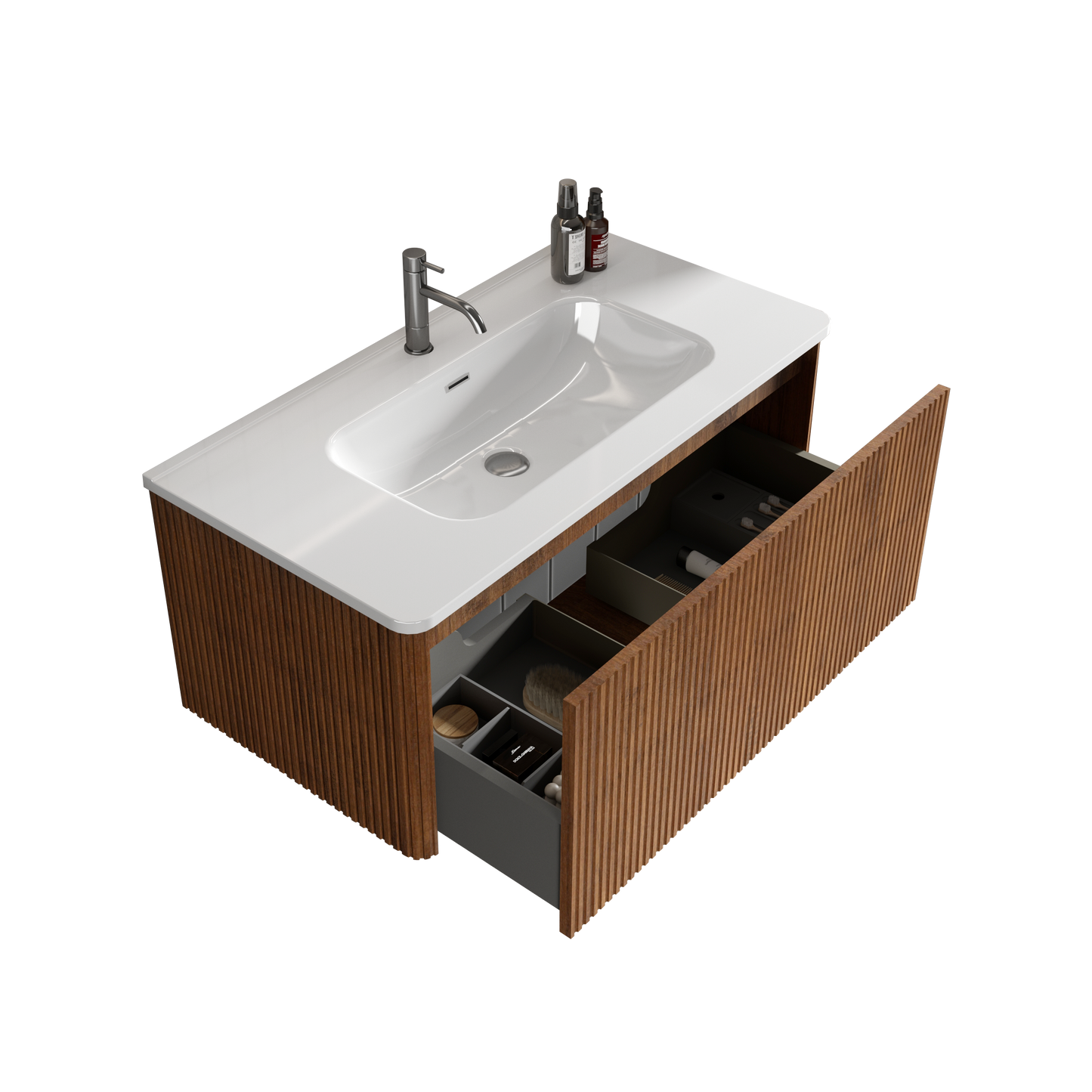 Modern wallmounted bathroom vanity with white ceramic sink and walnut wood cabinet doors