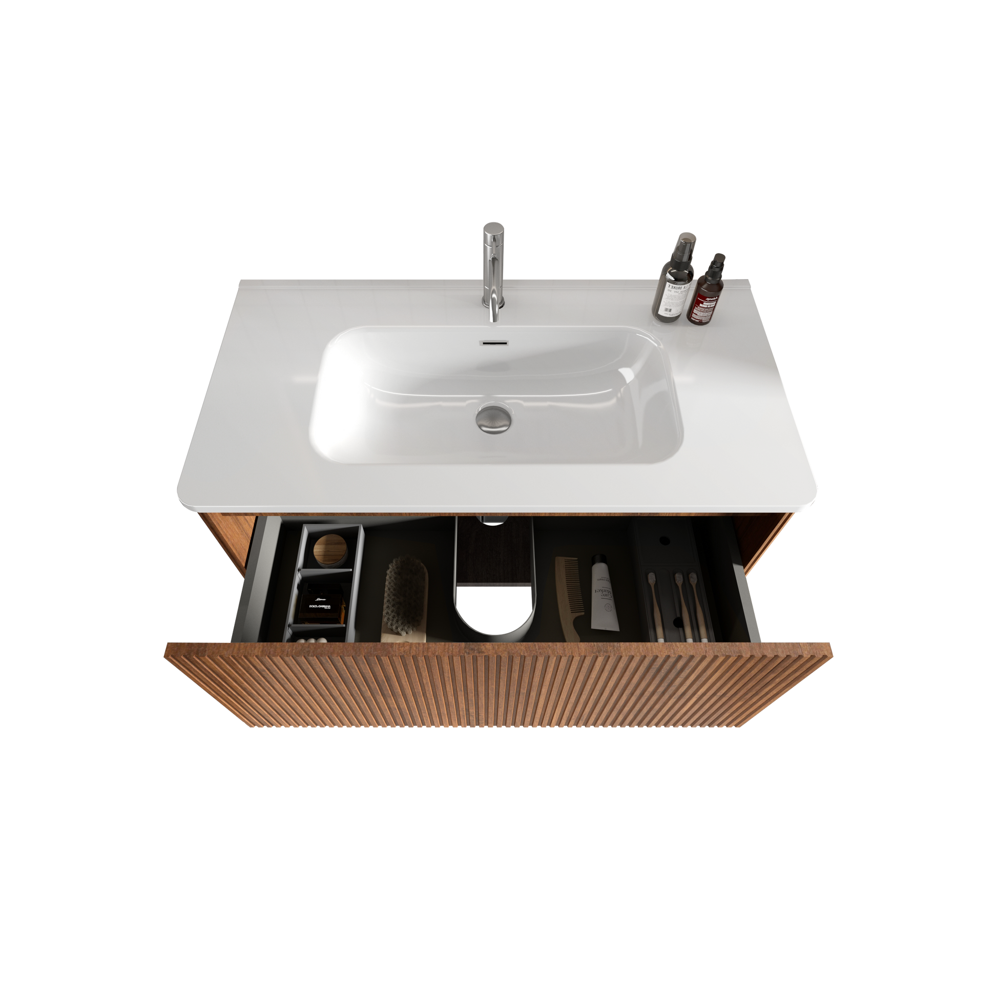 Modern bathroom vanity with white ceramic sink chrome faucet and organized drawer contents