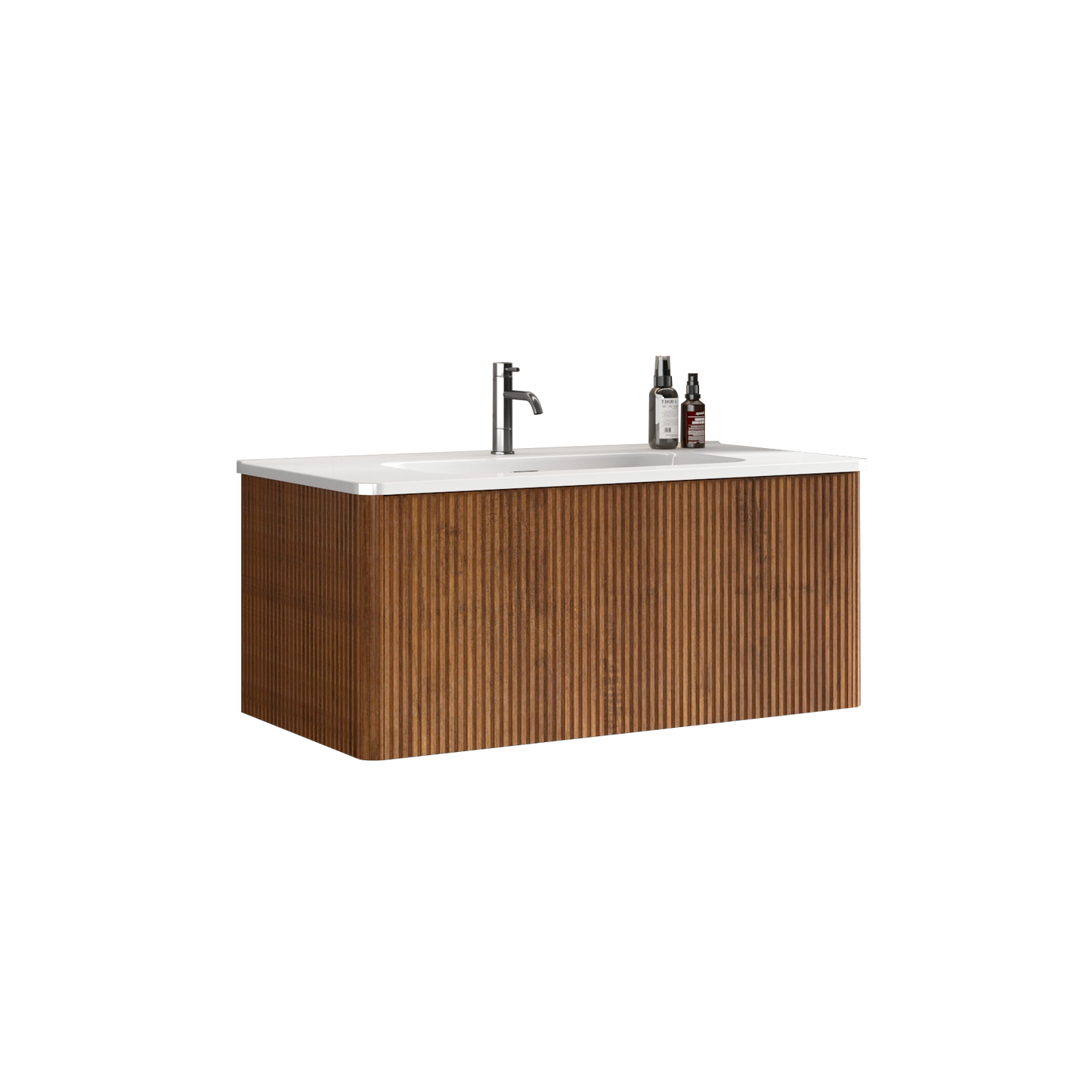 Modern bathroom vanity with fluted wood finish and white sink