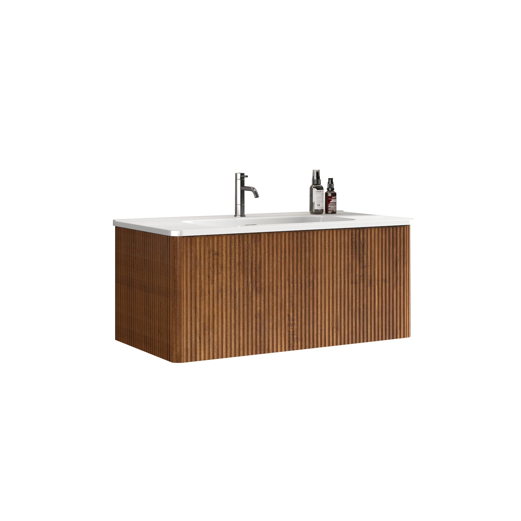 Modern bathroom vanity with fluted wood finish and white sink
