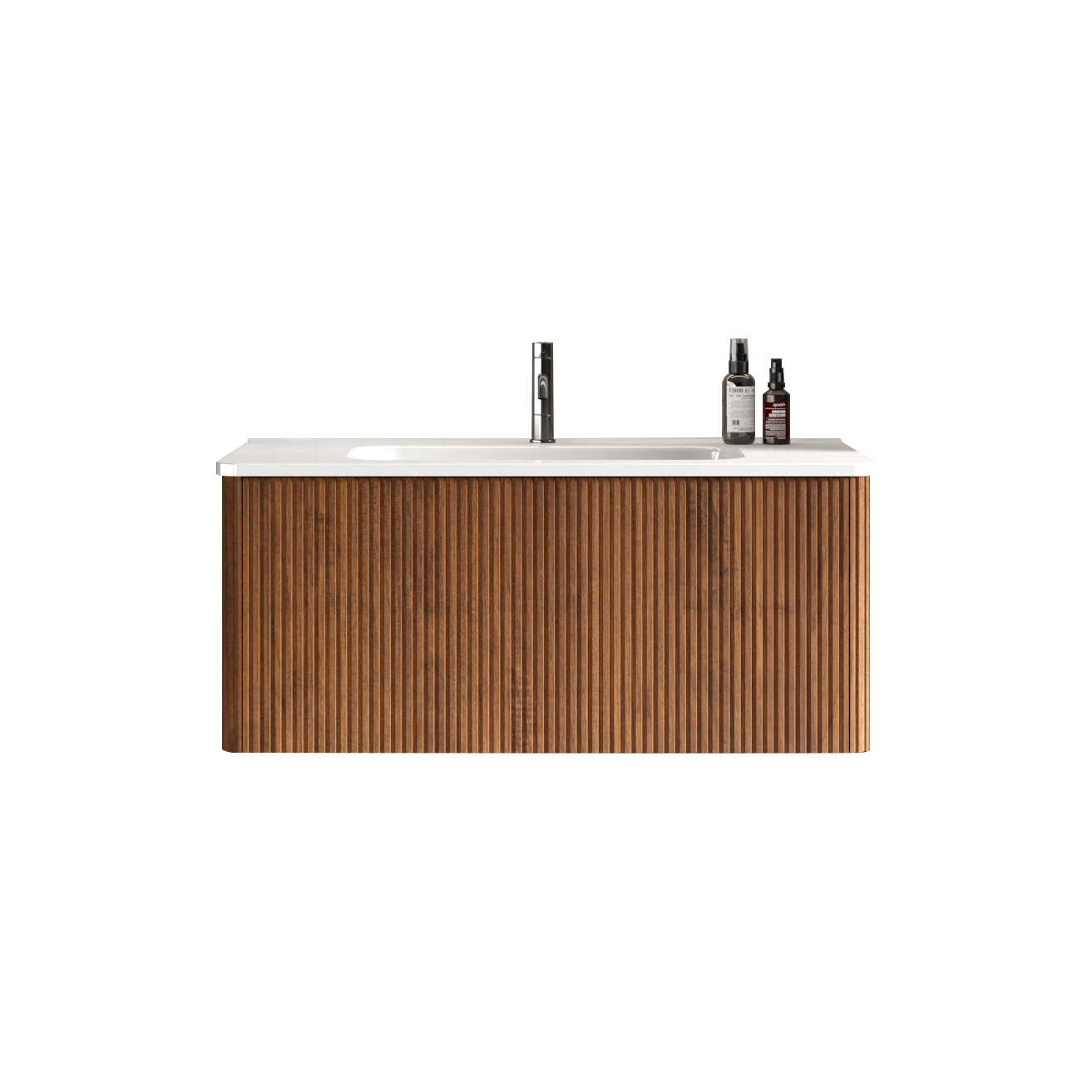 Modern wood vanity with white ceramic sink and chrome faucet