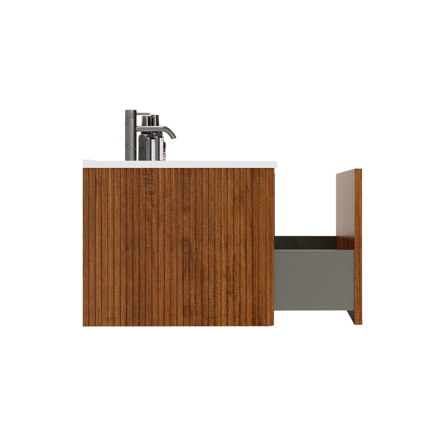 Modern wooden vanity with a sleek chrome faucet and soap dispensers