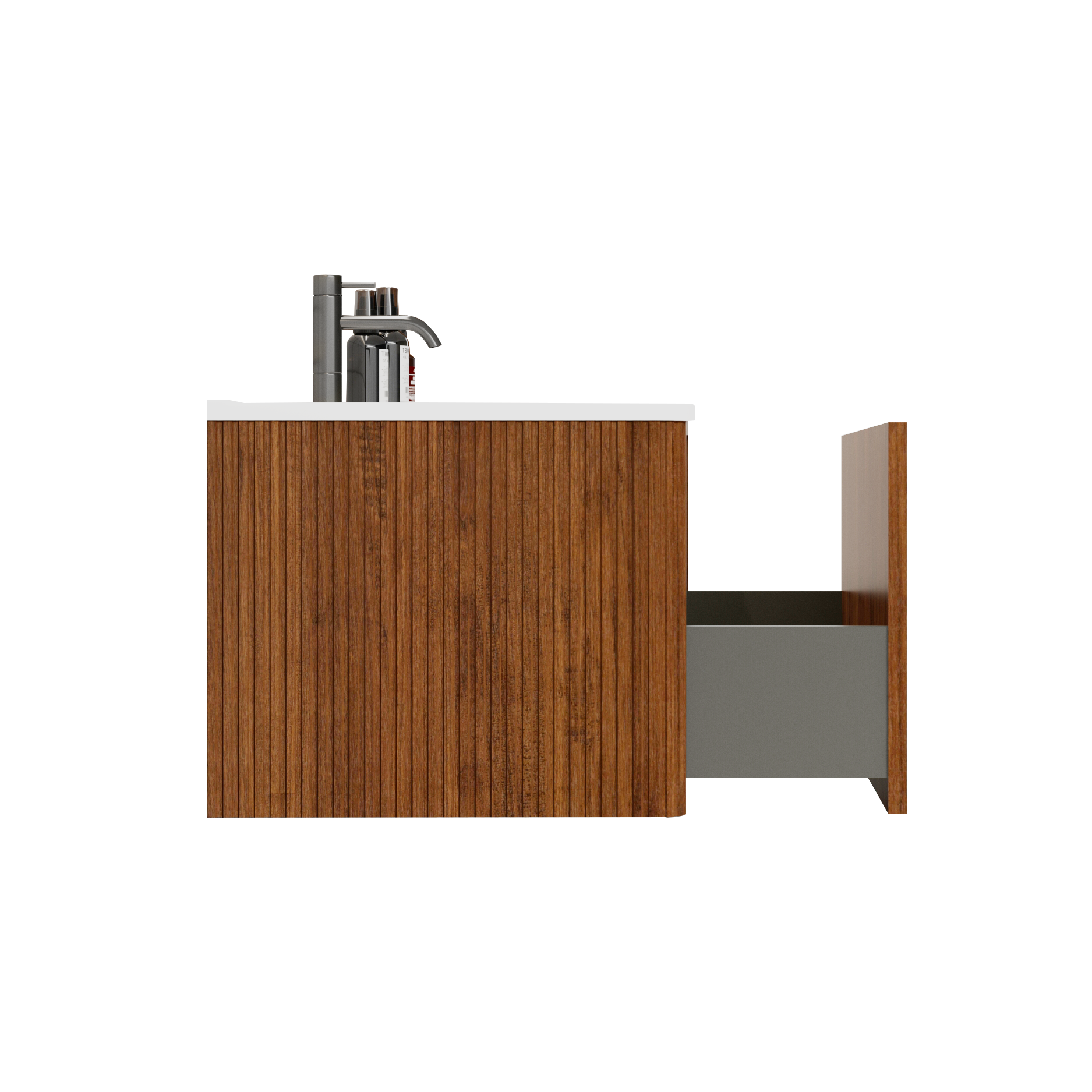 Modern wooden vanity with a sleek chrome faucet and soap dispensers