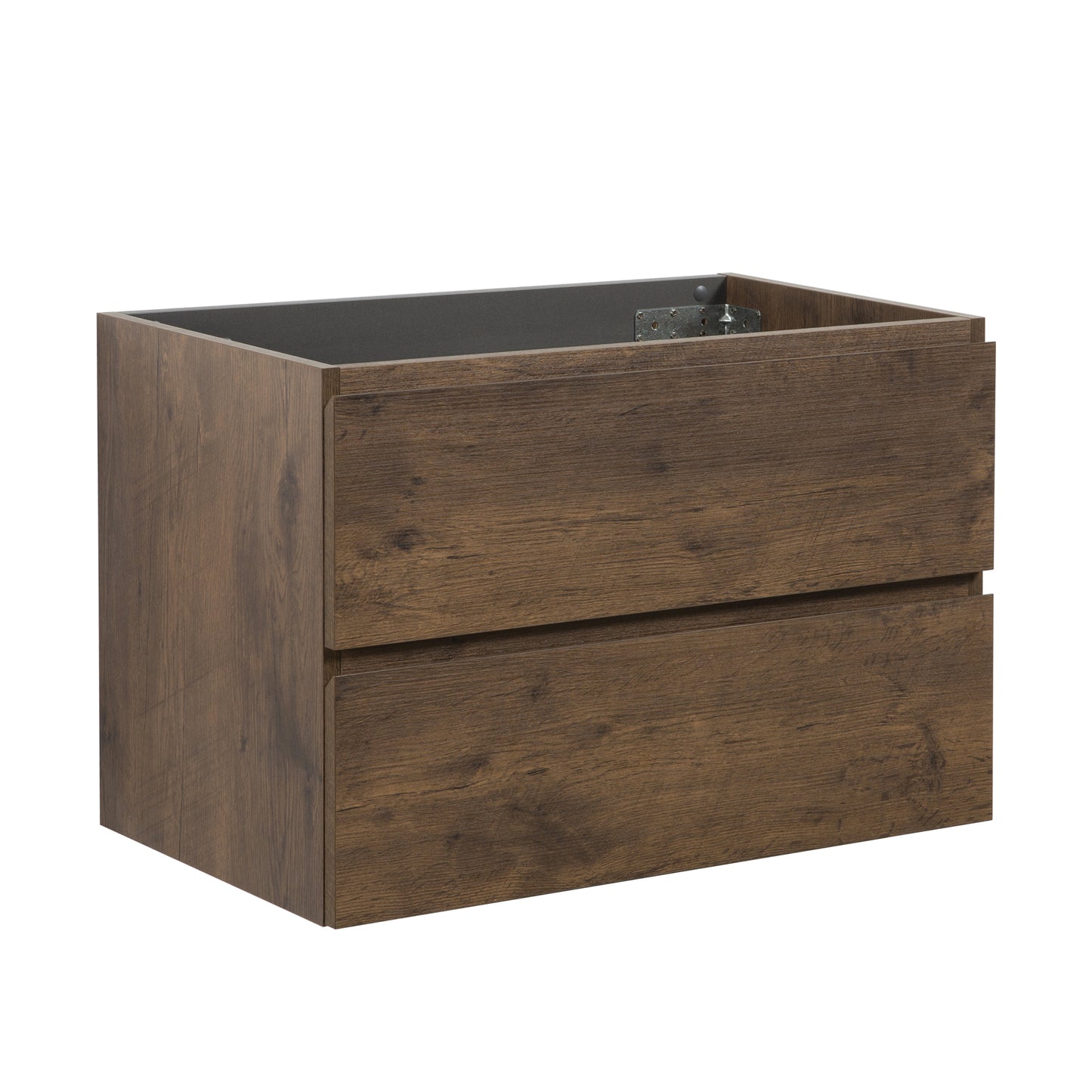 Brown wood grain bathroom vanity cabinet with two drawers