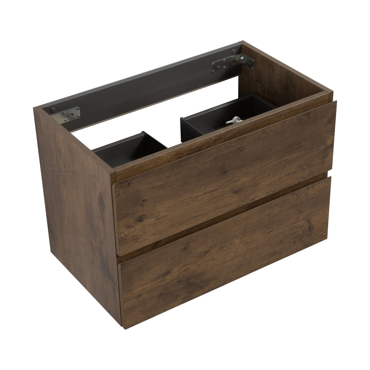 Modern walnut veneer vanity cabinet with two deep drawers for bathroom storage