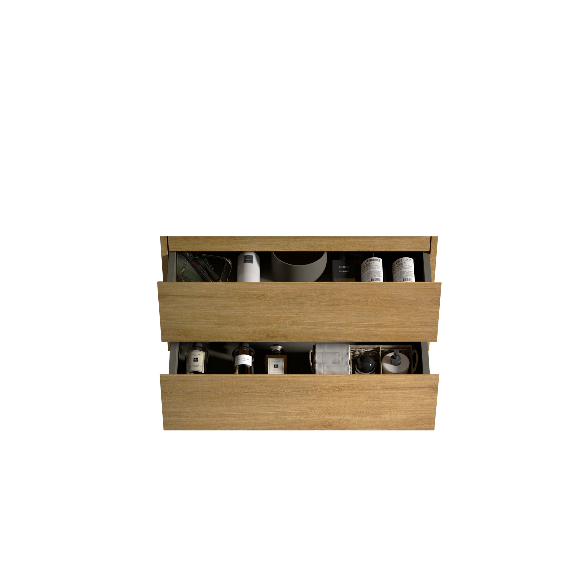 Wooden vanity drawers filled with skincare and grooming products
