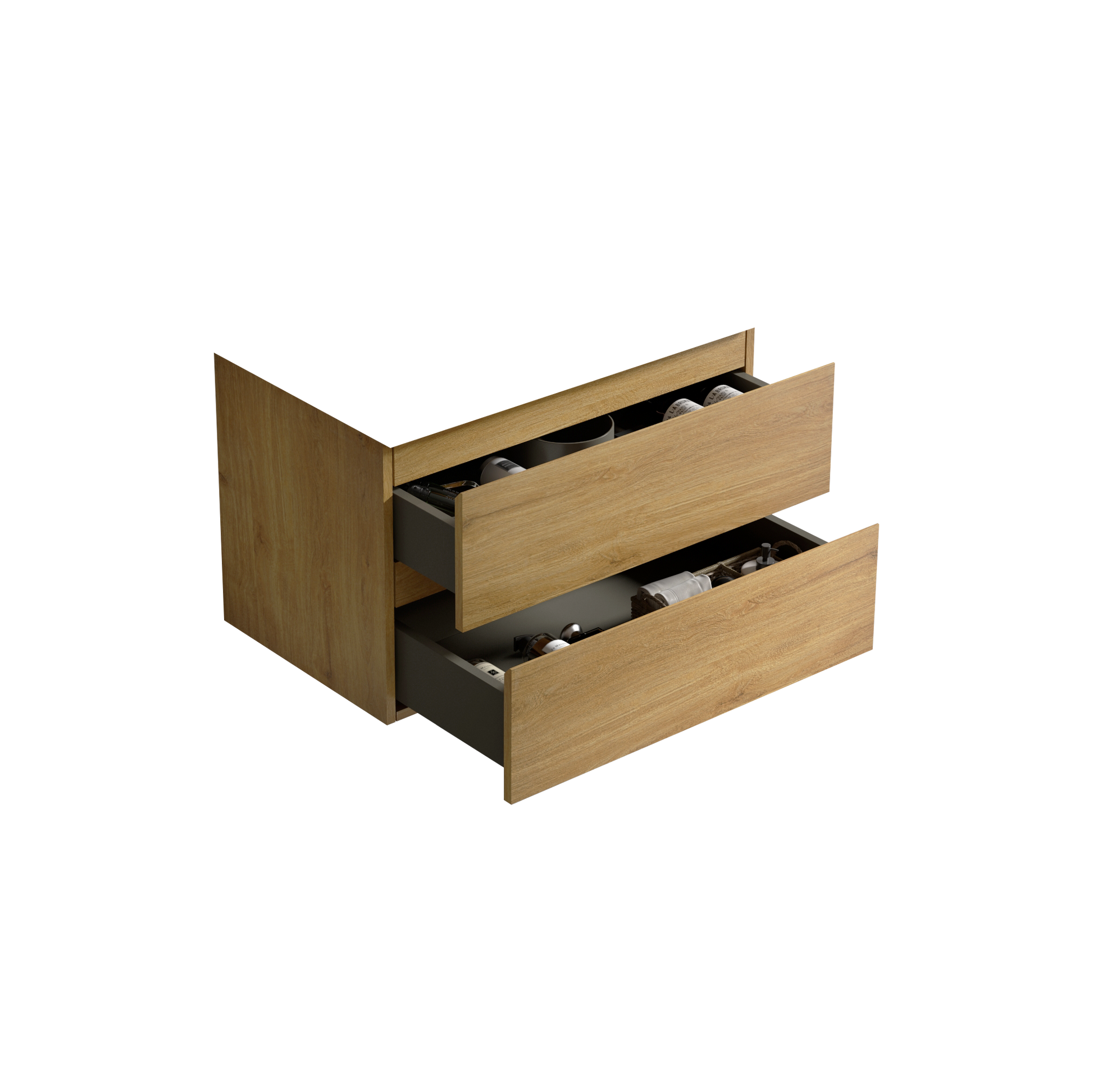Modern wallmounted vanity with two light oak drawers showcasing toiletries