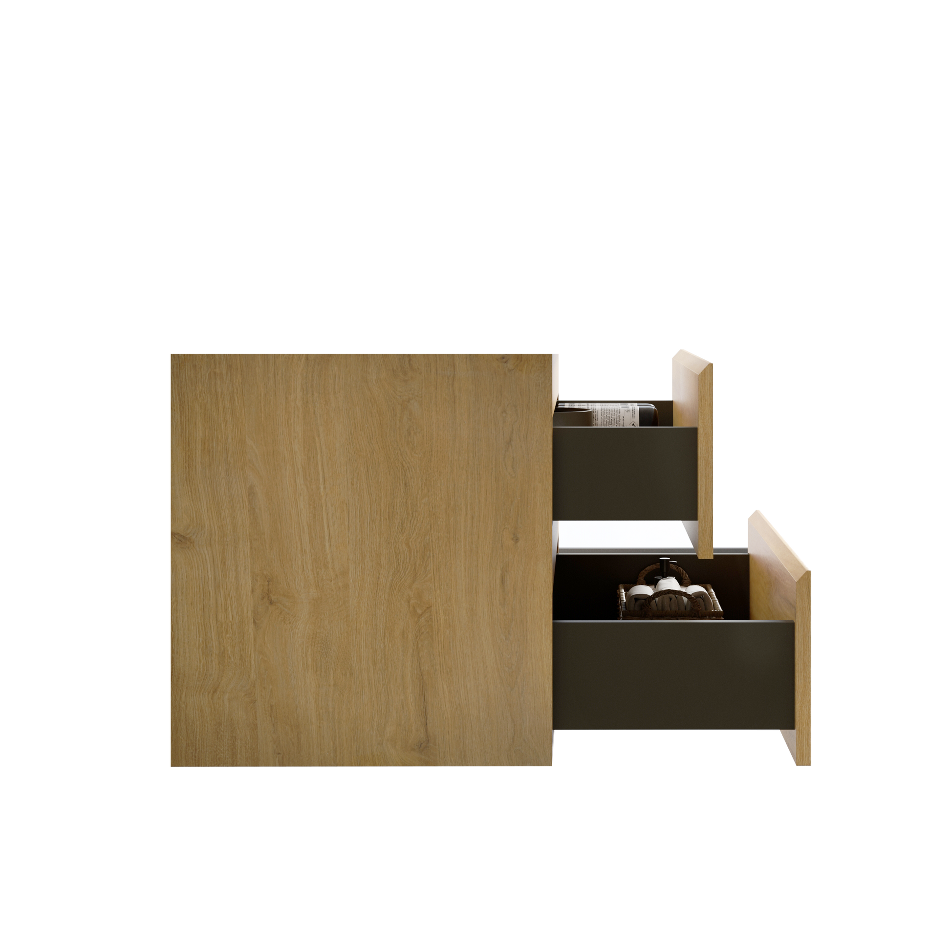 Wooden bathroom vanity with two open drawers and toiletries inside