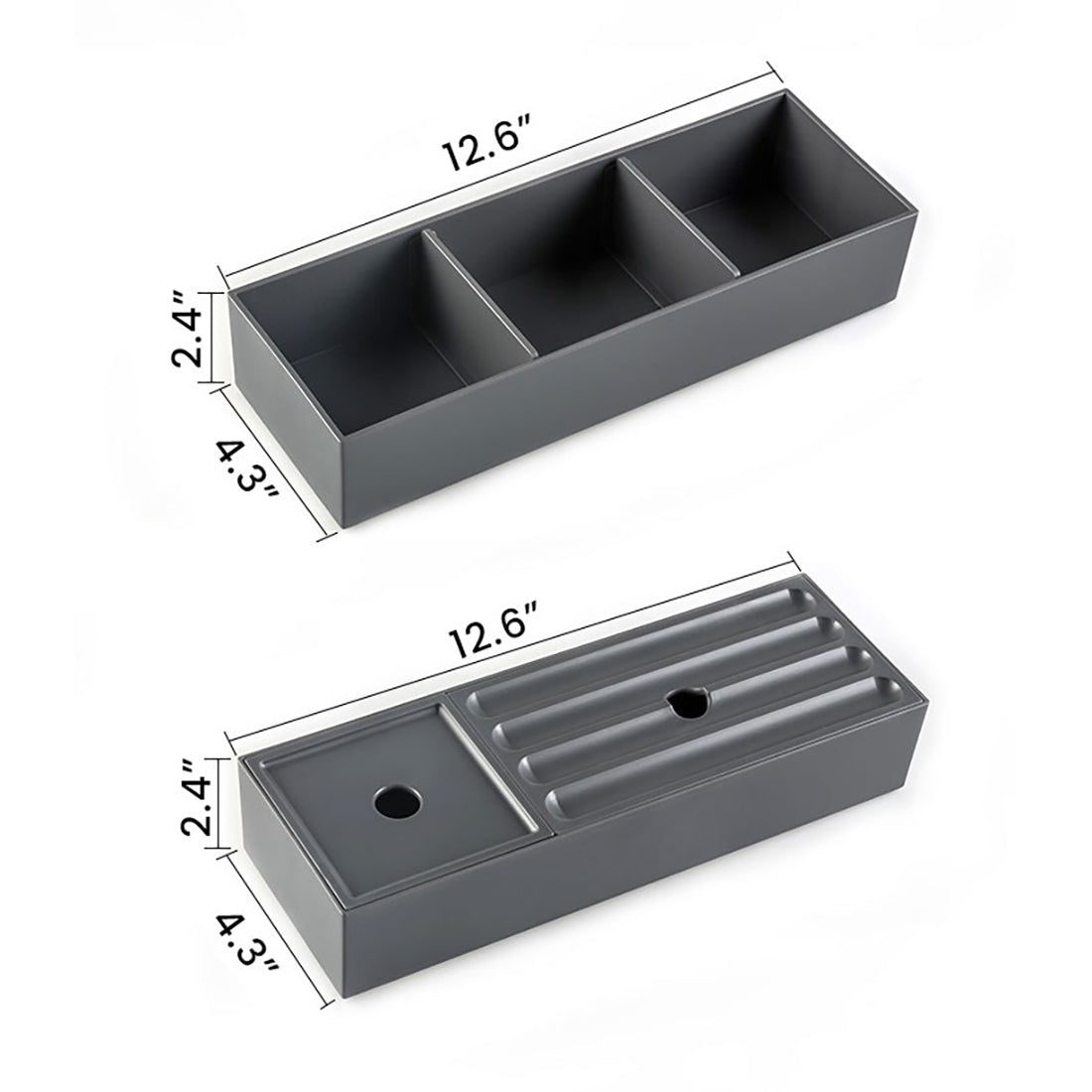 Dark gray acrylic desk organizer with three compartments  L x  W x  H