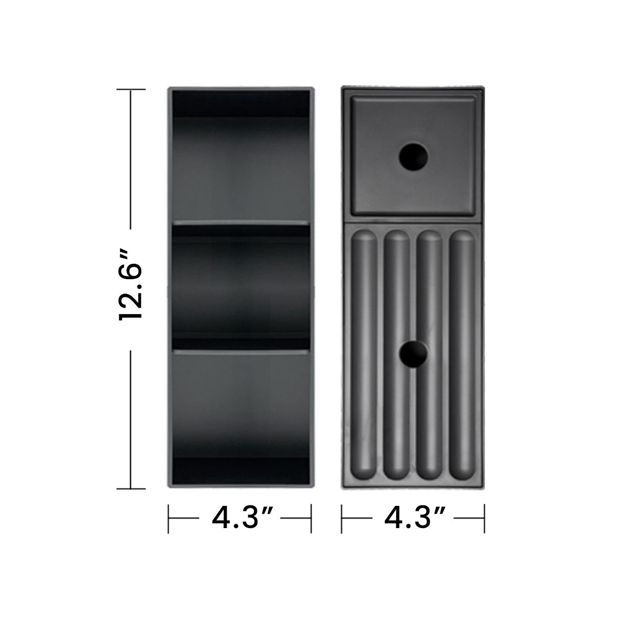 Black modular storage shelf unit with two open compartments and dimensions x inches