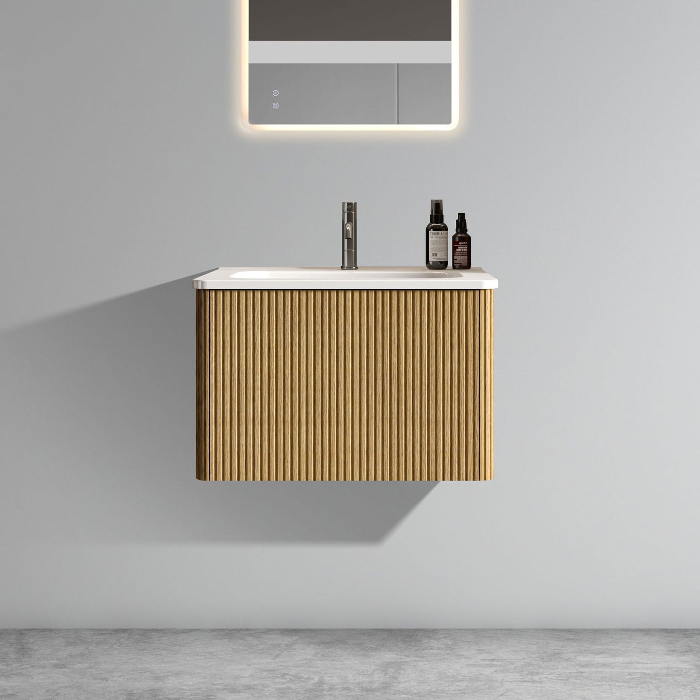 Modern oak veneer vanity with fluted drawer fronts and integrated sink