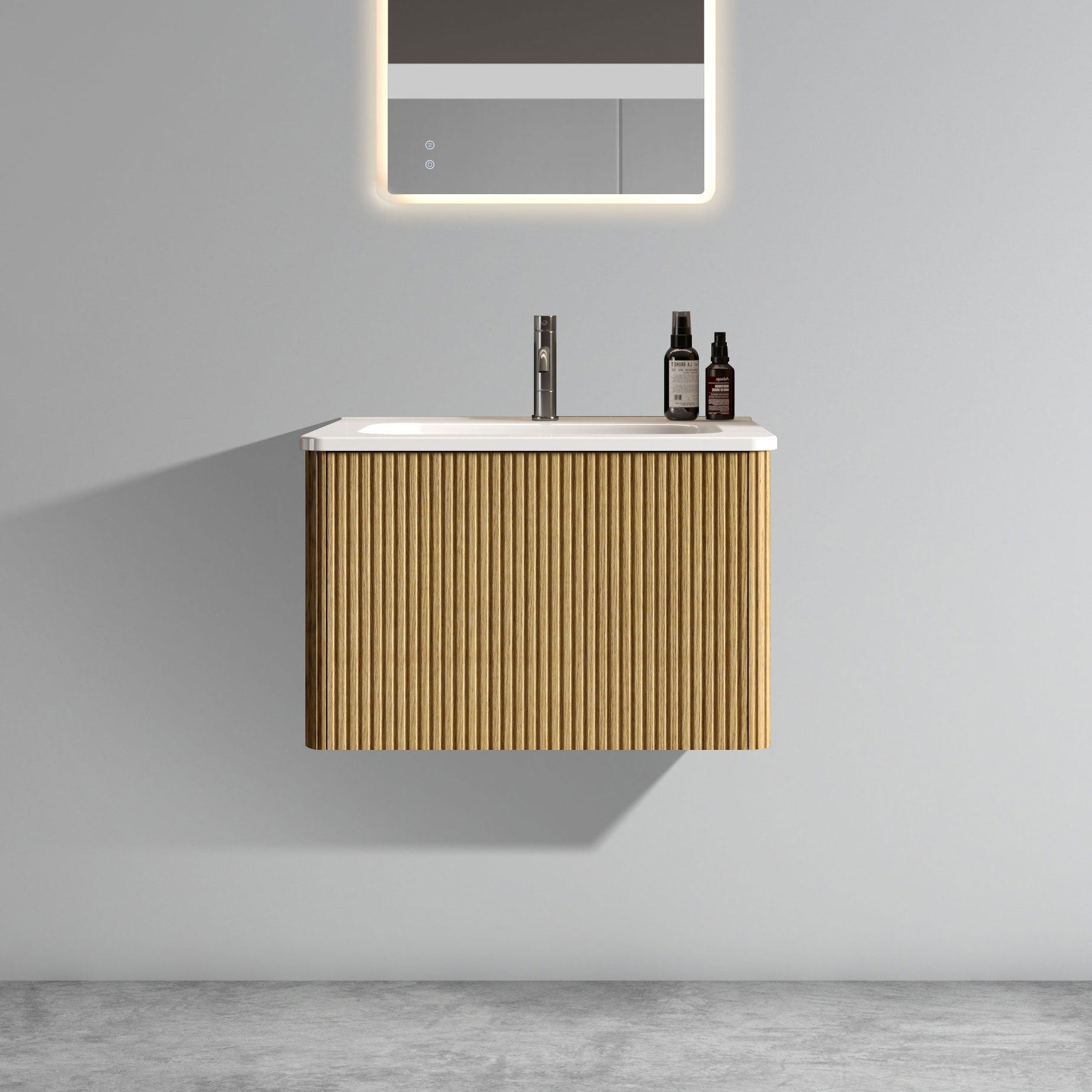 Modern oak veneer vanity with fluted drawer fronts and integrated sink