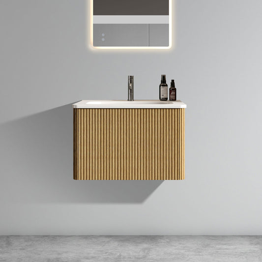 Modern oak veneer vanity with fluted drawer fronts and integrated sink