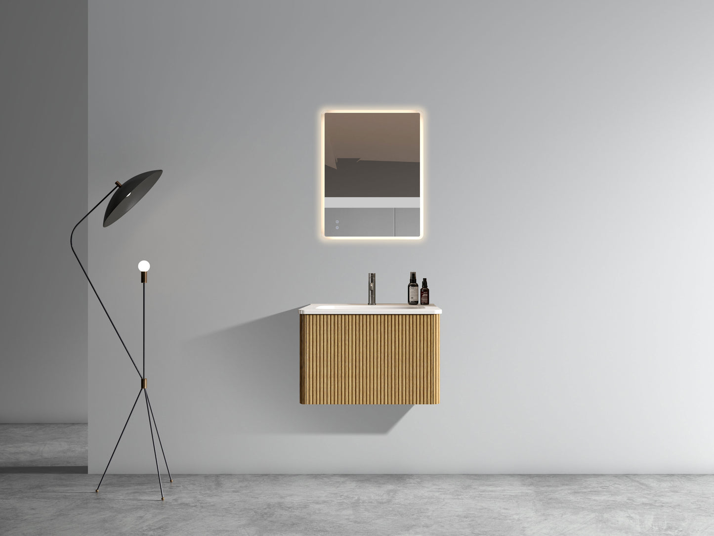 Modern oak vanity with ribbed detail integrated sink and illuminated mirror