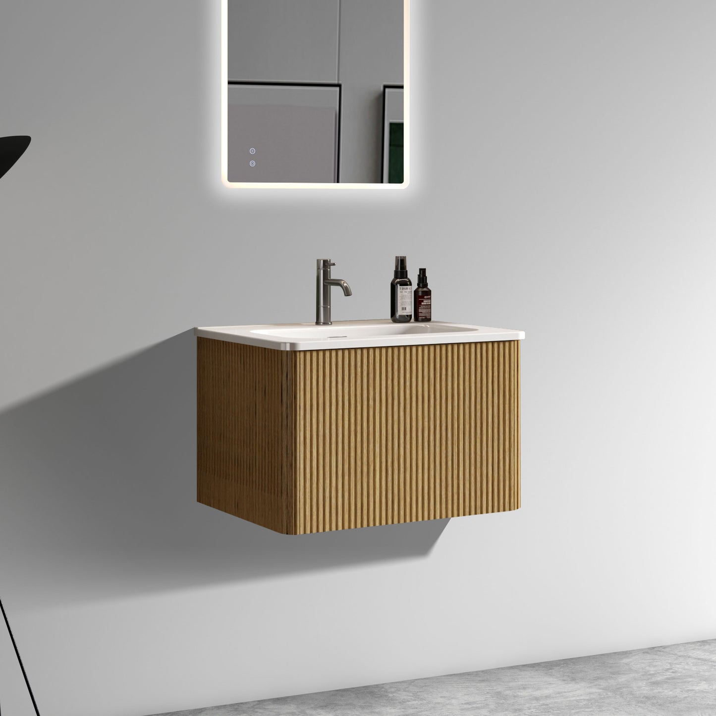 Floating oak vanity with fluted detail and white ceramic sink