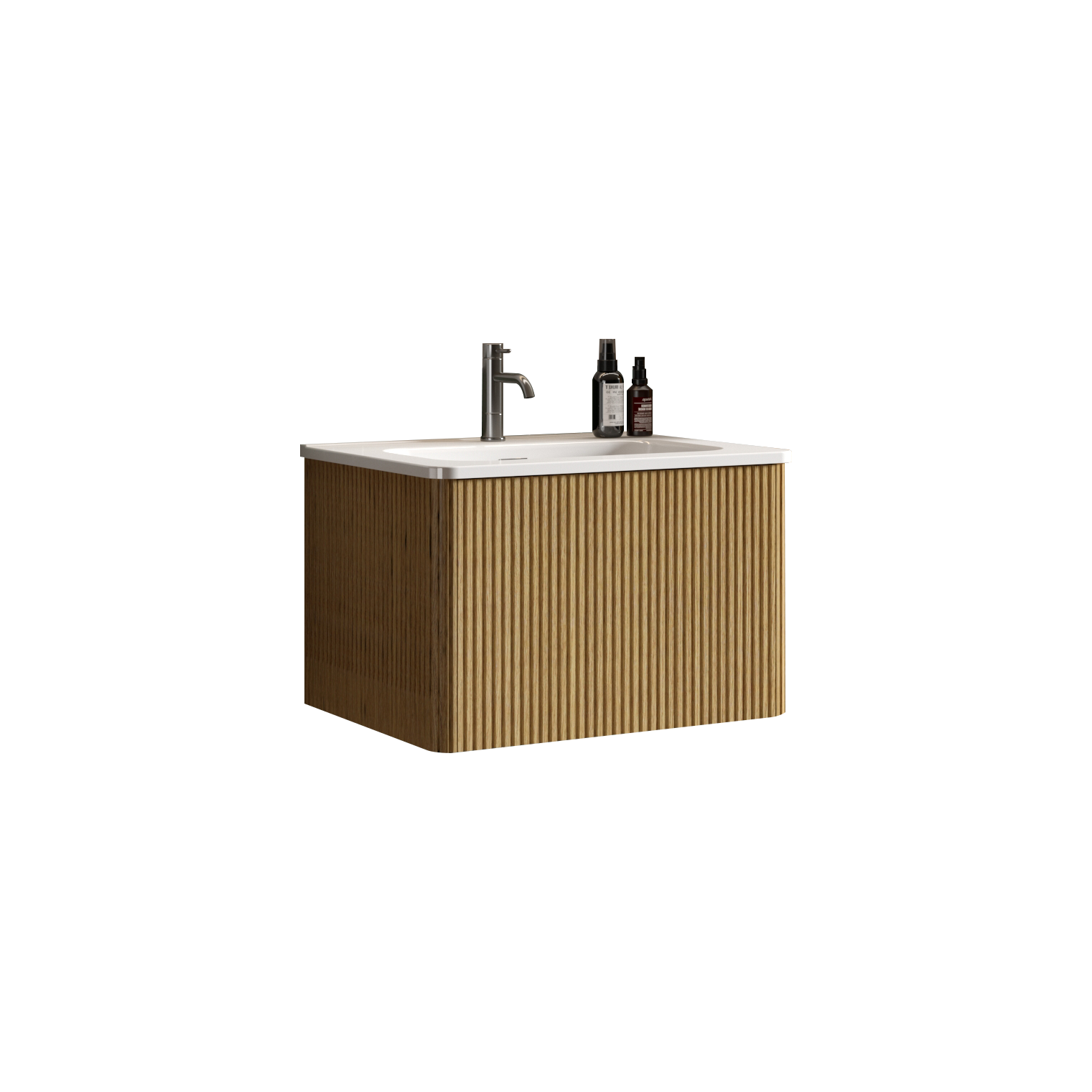 Modern wallmounted bathroom vanity with fluted oak finish and chrome faucet