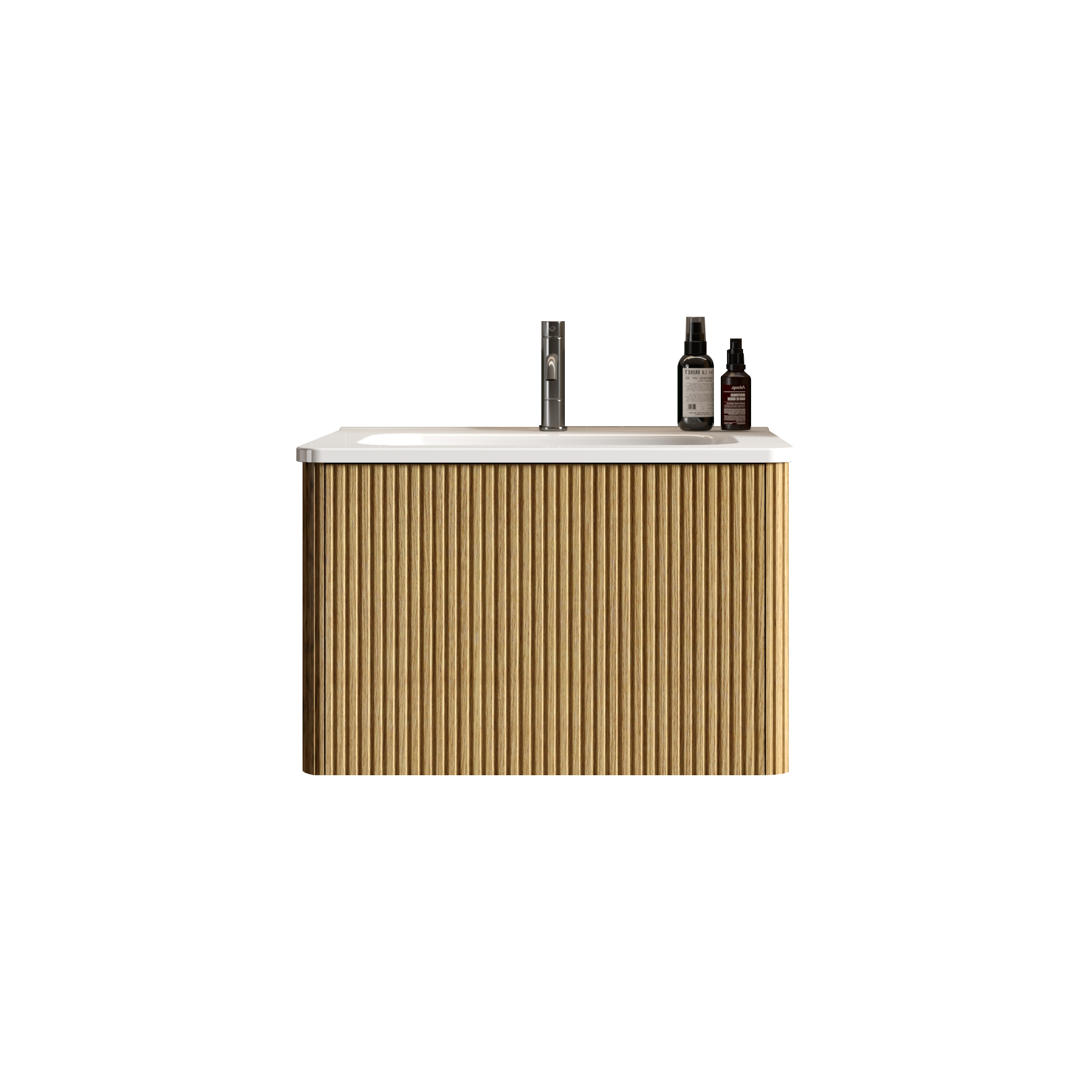 Modern fluted oak bathroom vanity with white countertop and modern chrome faucet