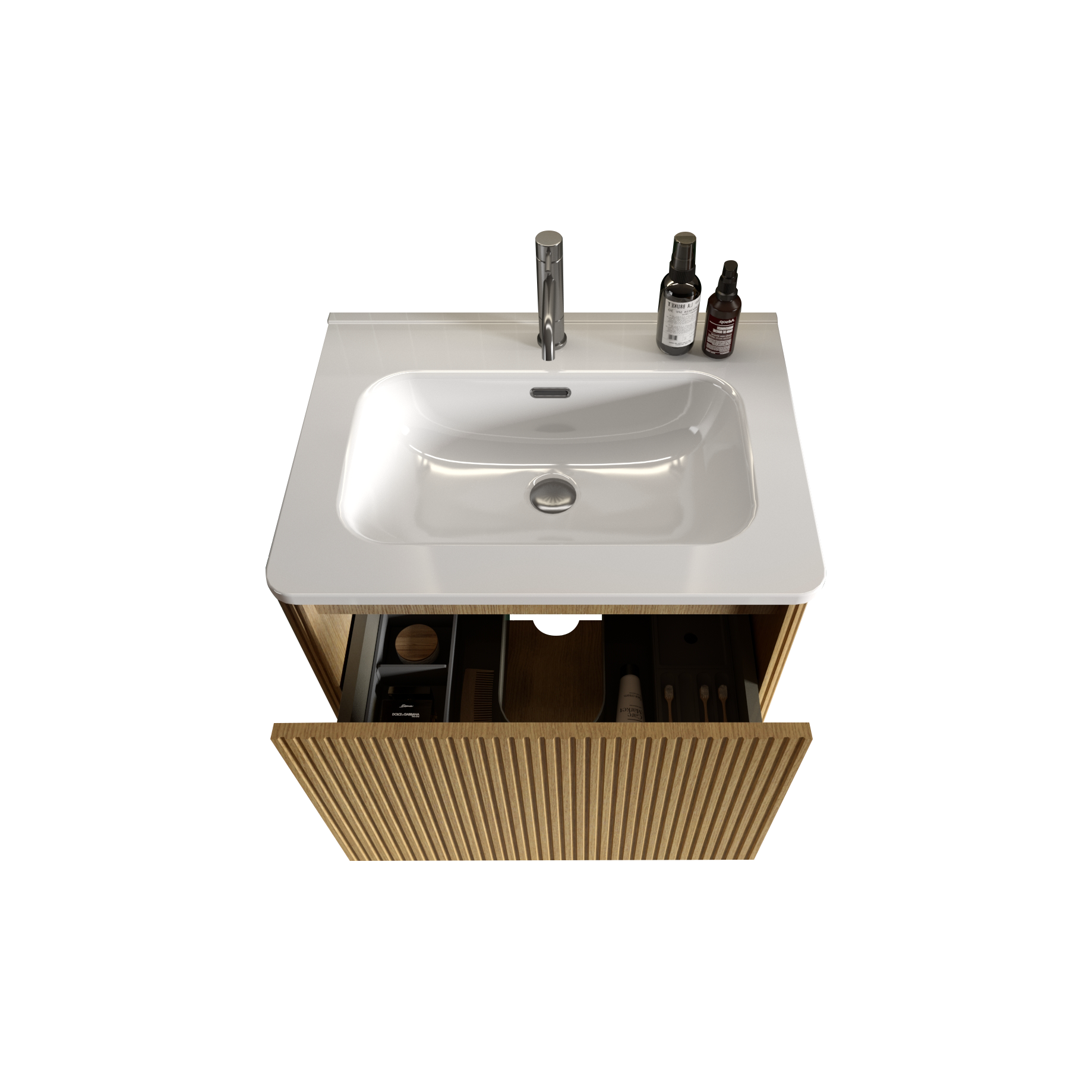 Modern white ceramic sink with chrome faucet and wooden vanity drawers