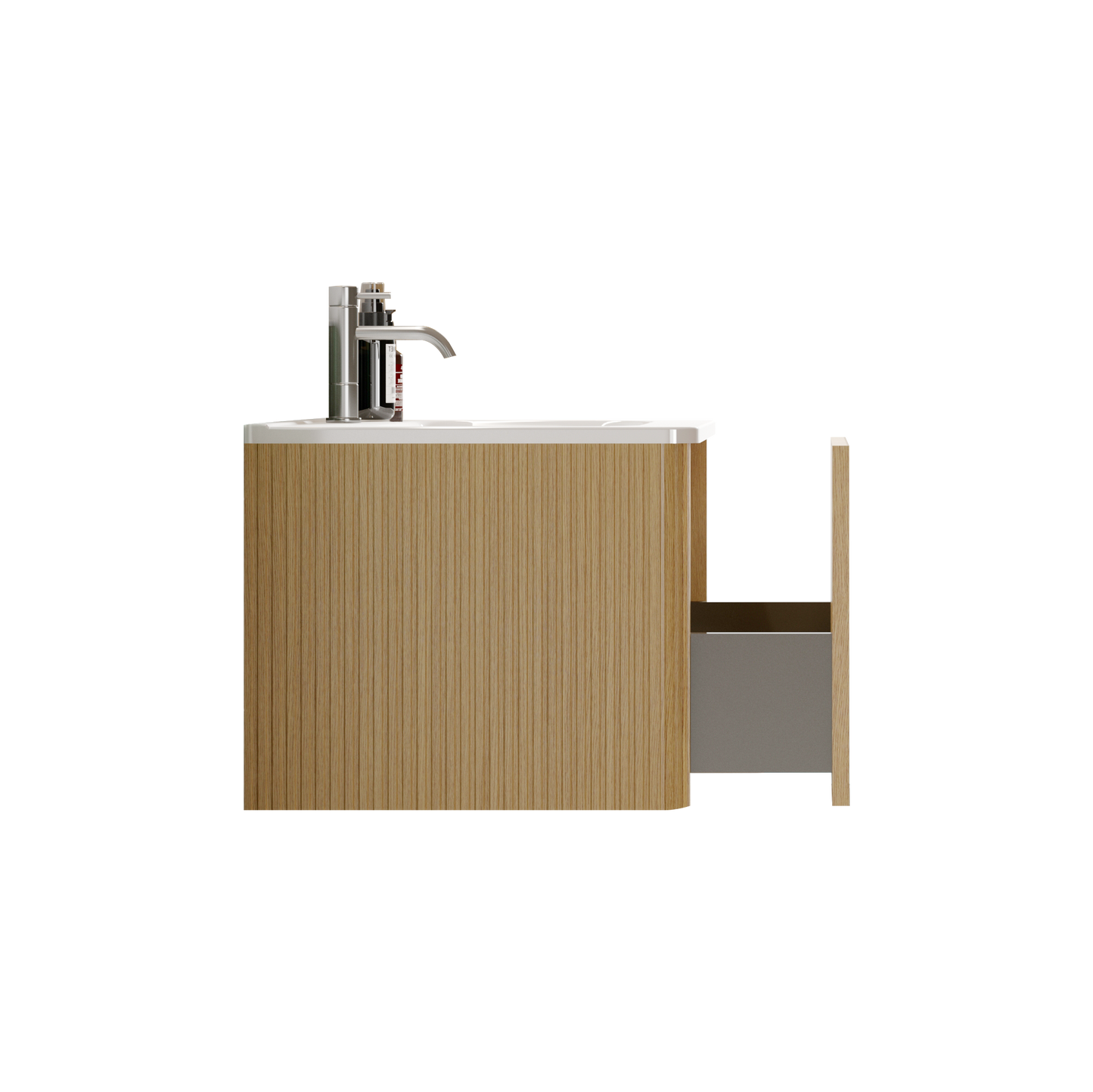 Modern oak vanity with brushed nickel faucet and open drawer