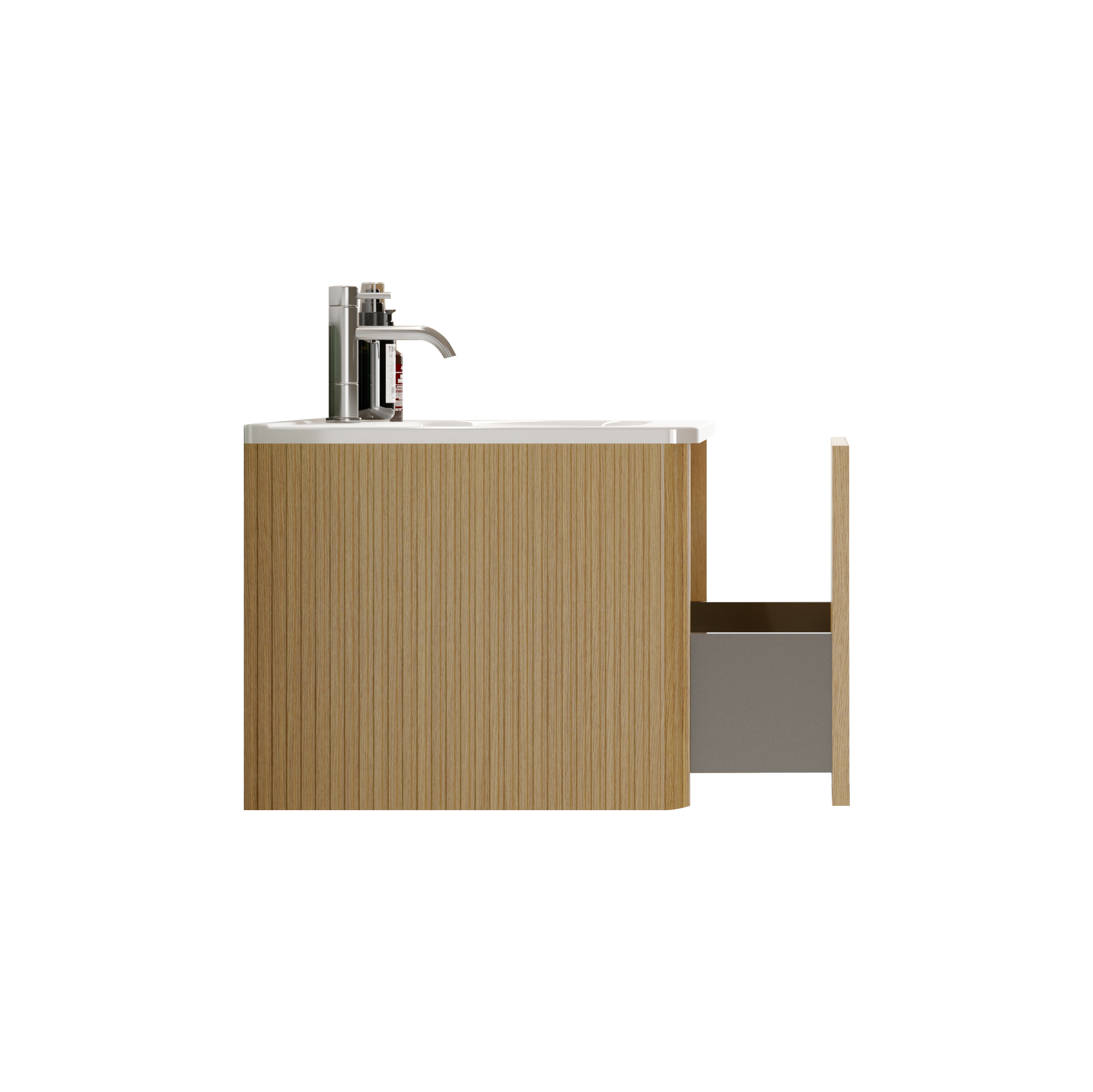 Modern oak vanity with brushed nickel faucet and open drawer