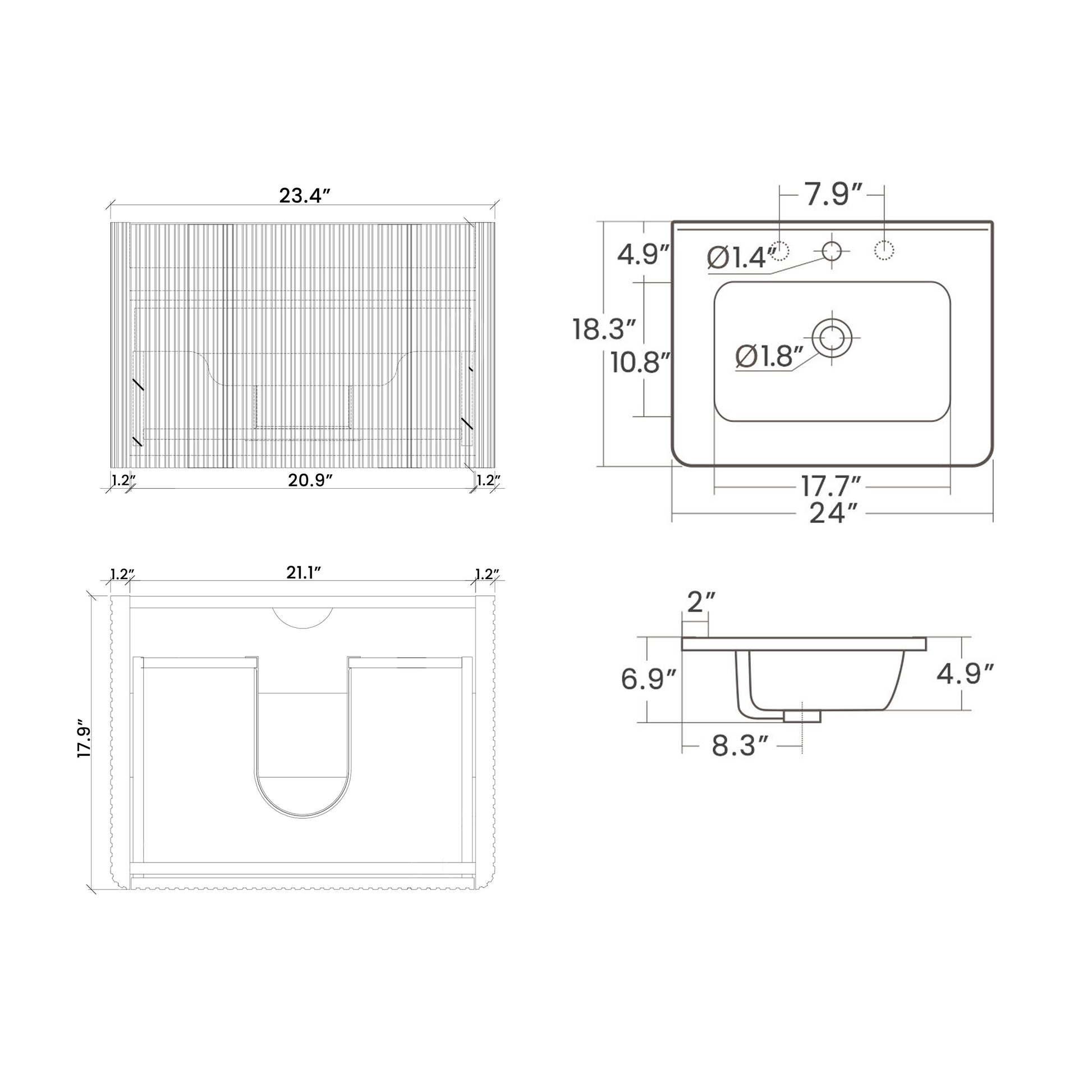 Technical drawing of a white ceramic sink  inches wide with detailed dimensions