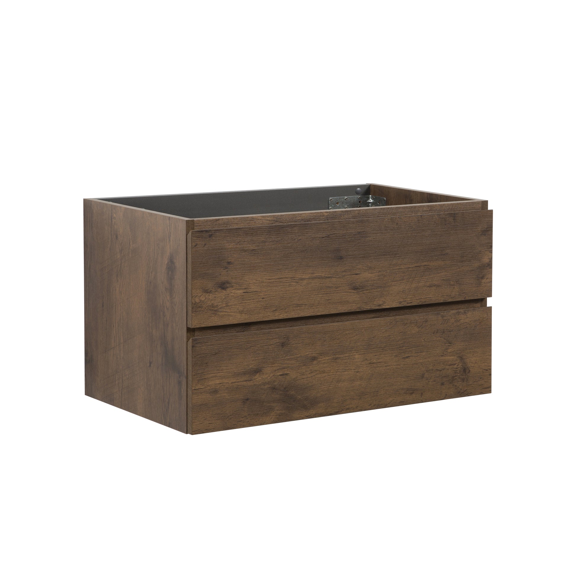 Dark wood grain vanity cabinet with two drawers and silver hardware modern bathroom fixture