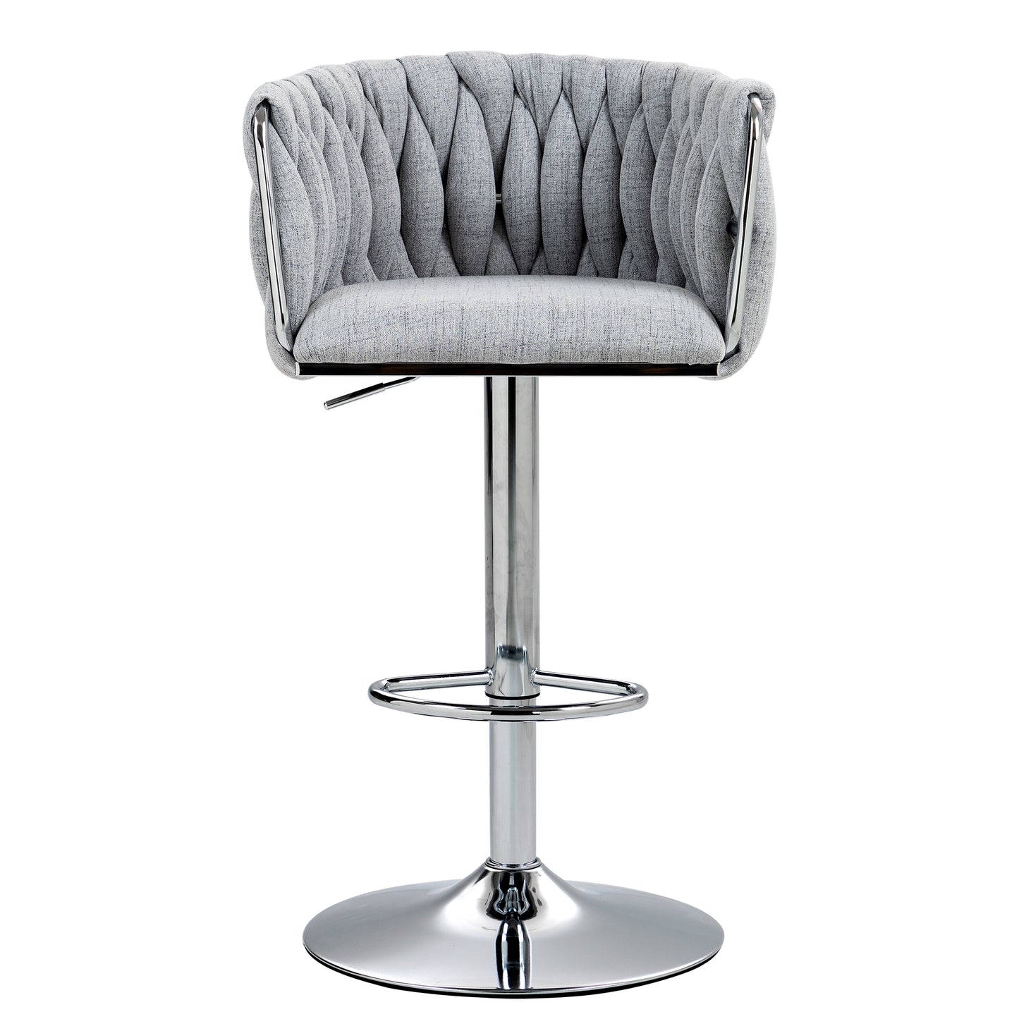 Grey fabric bar stool with tufted back and chrome adjustable base