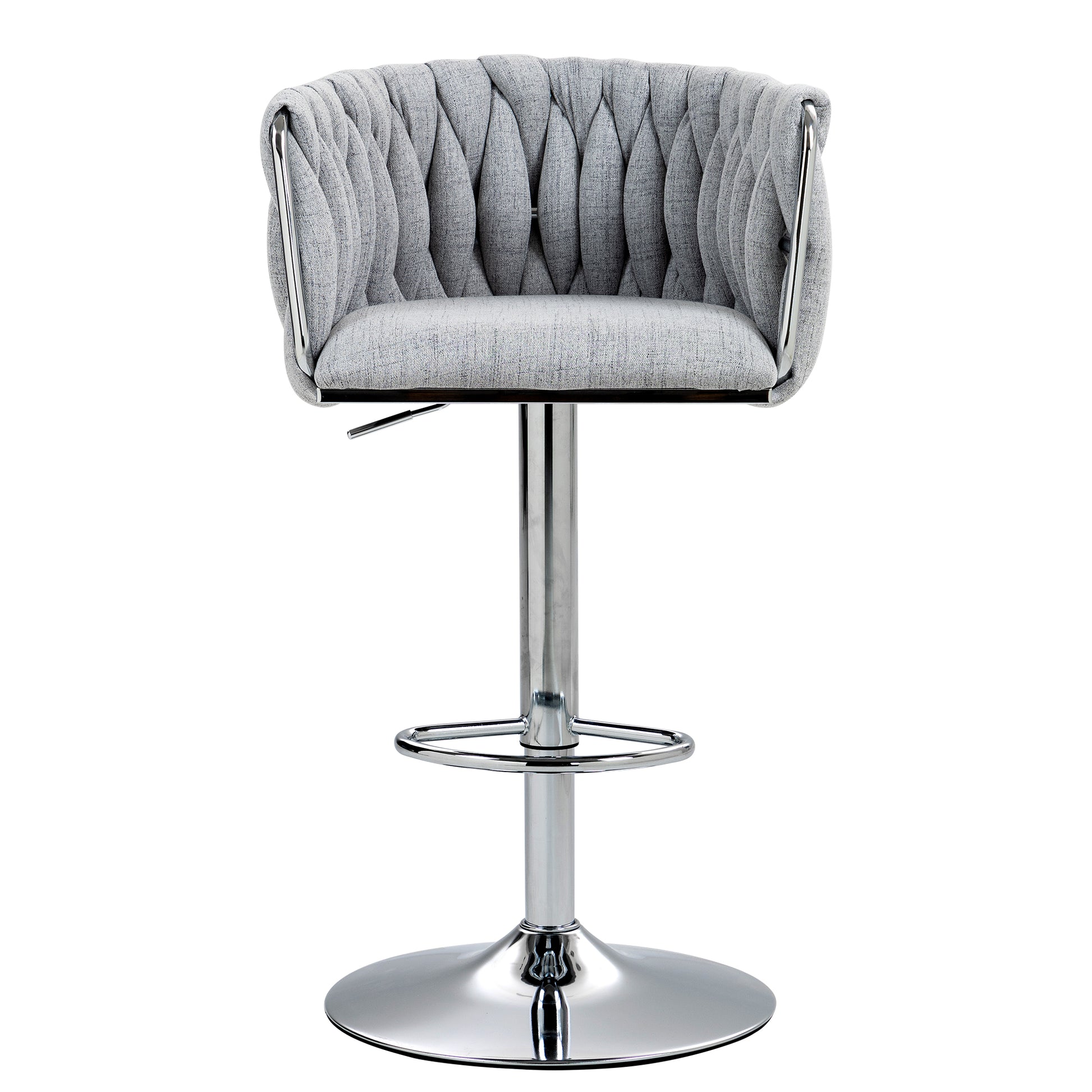 Grey fabric bar stool with tufted back and chrome adjustable base