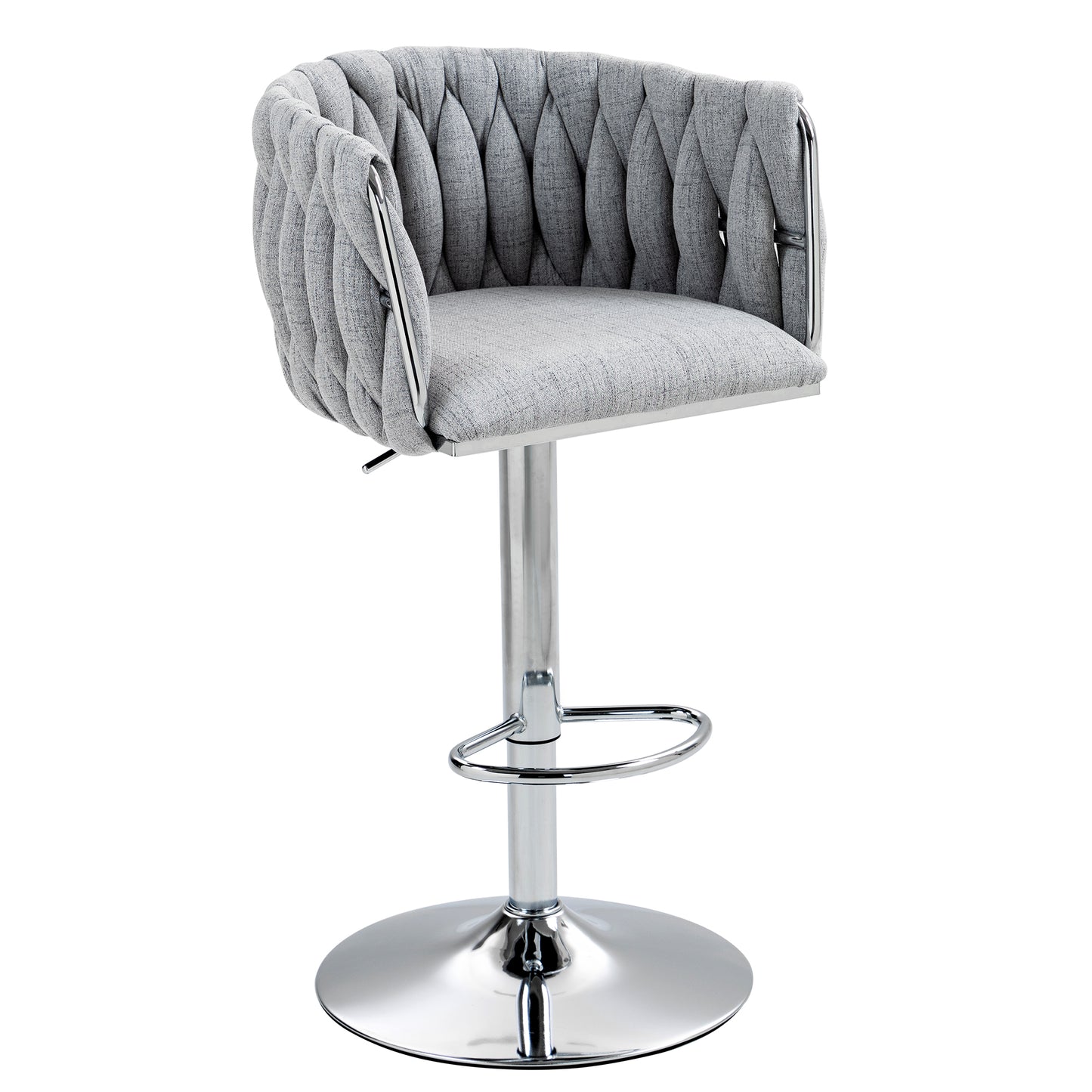 Grey upholstered bar stool with tufted detailing and chrome base adjustable height