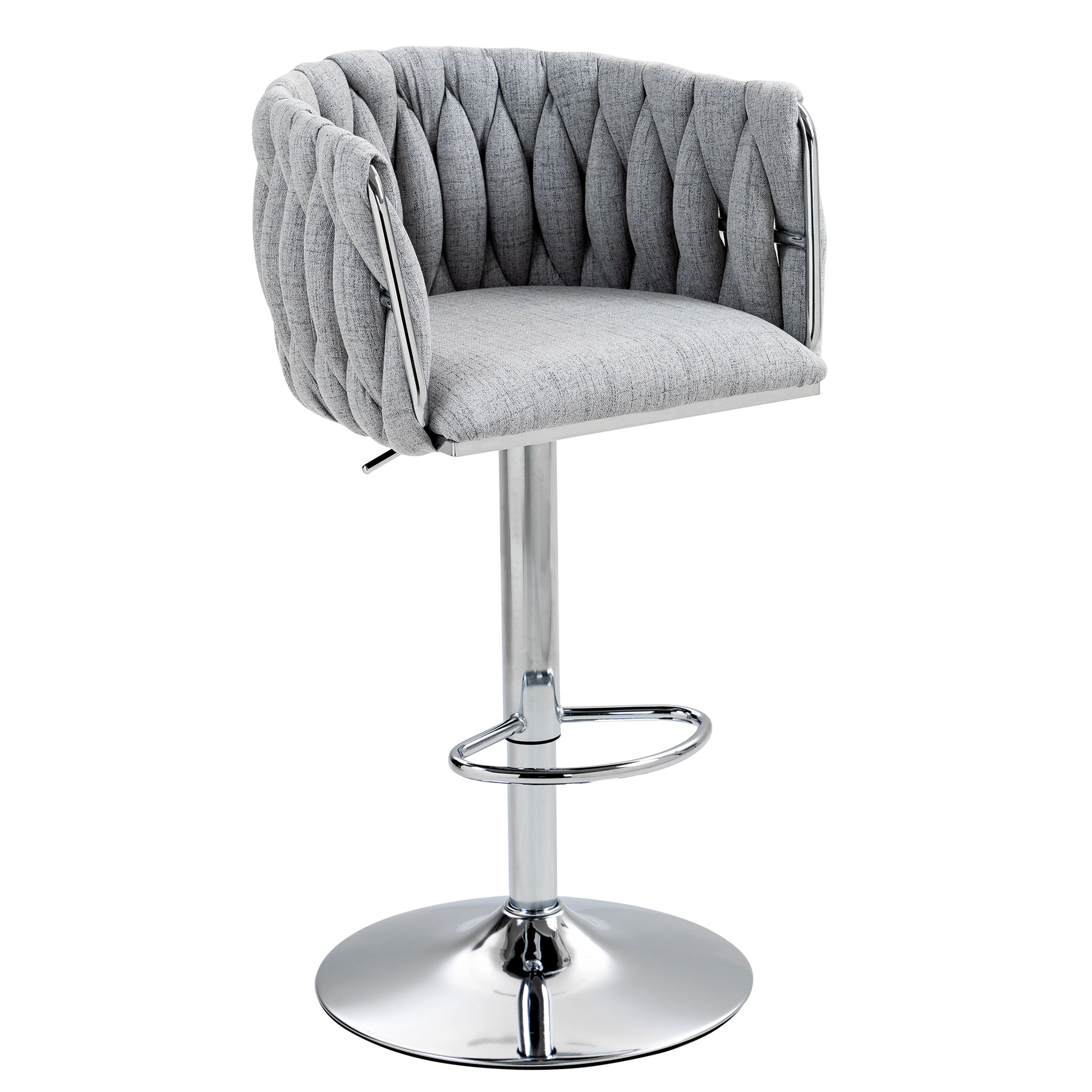 Grey upholstered bar stool with tufted detailing and chrome base adjustable height